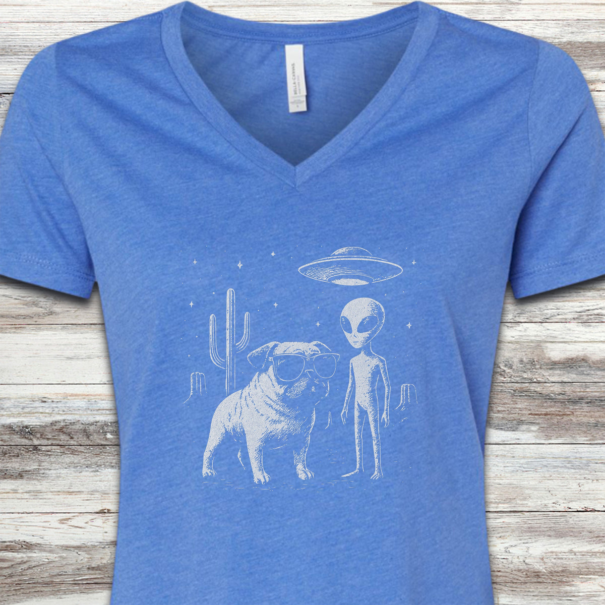 Pug Alien Encounter V-Neck Tee - Heather True Royal