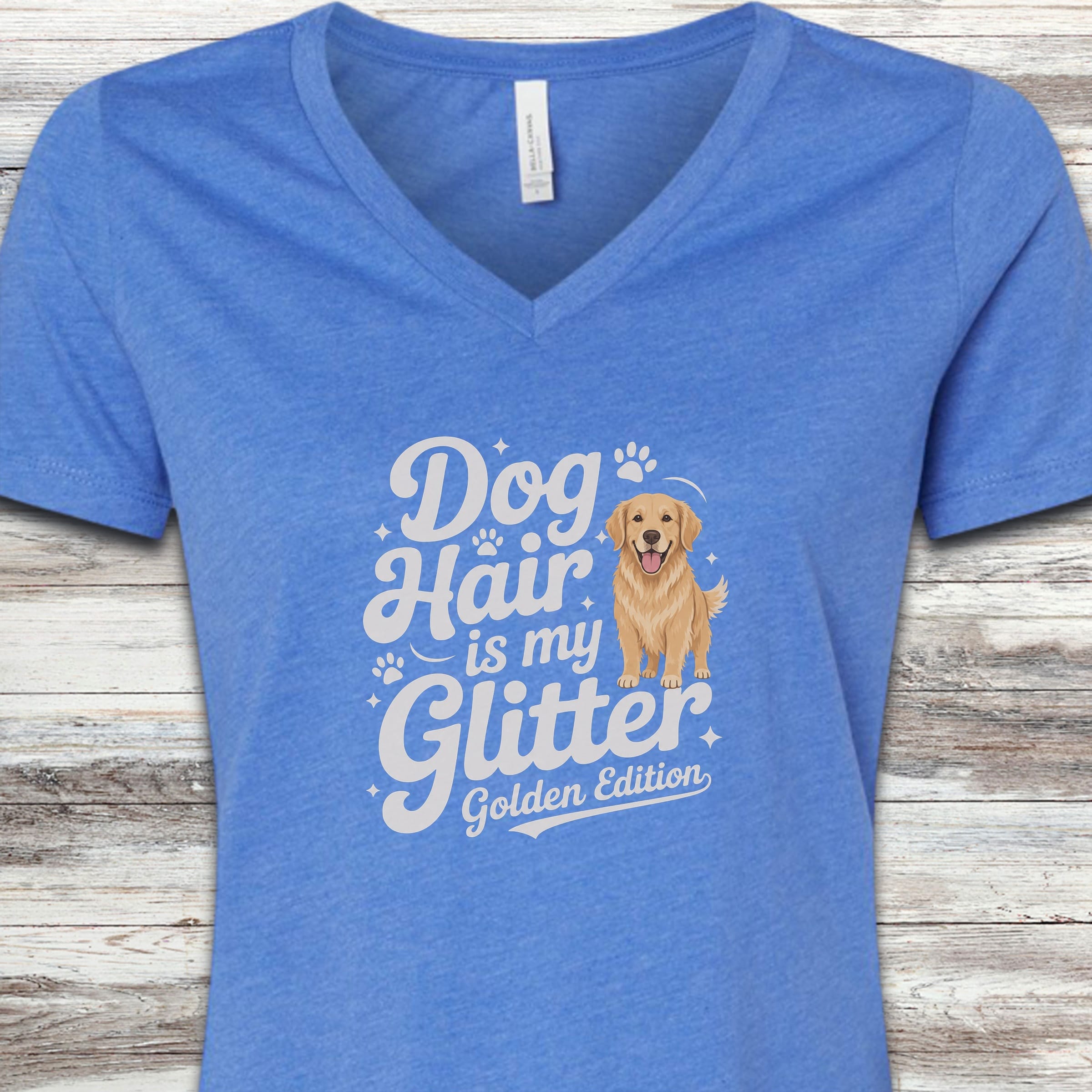Golden Retriever Glitter V-Neck Tee - Heather True Royal