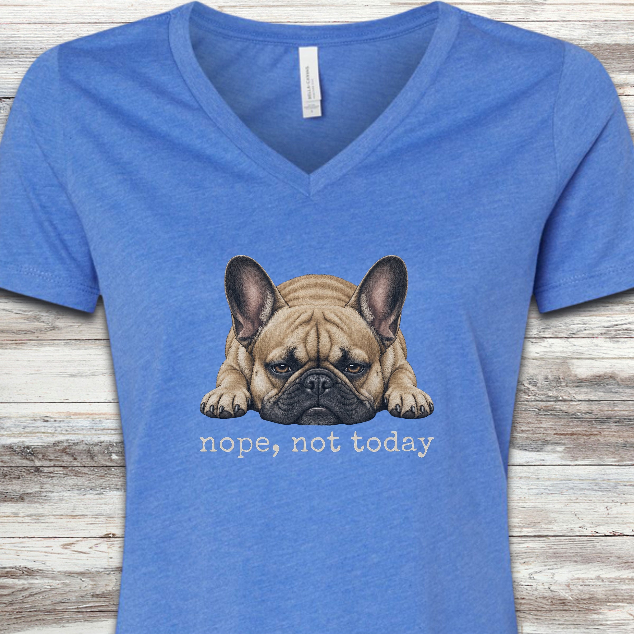French Bulldog Nope V-Neck Tee - Heather True Royal