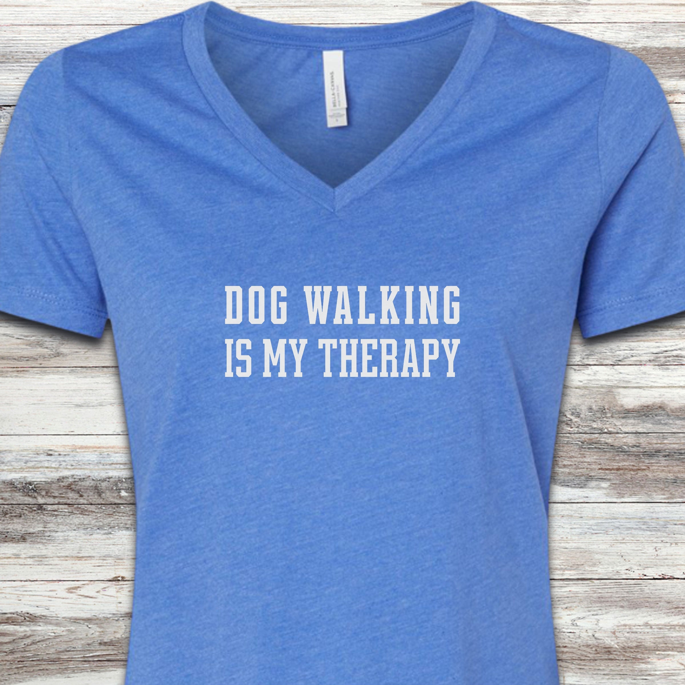 Dog Walking Therapy V-Neck Tee - Heather True Royal