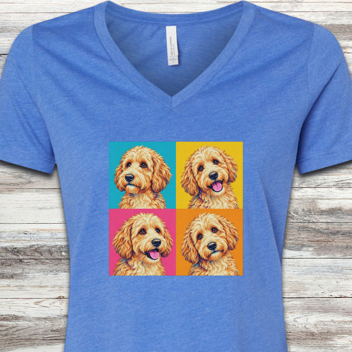 Goldendoodle Pop Art V-Neck Tee - Heather True Royal