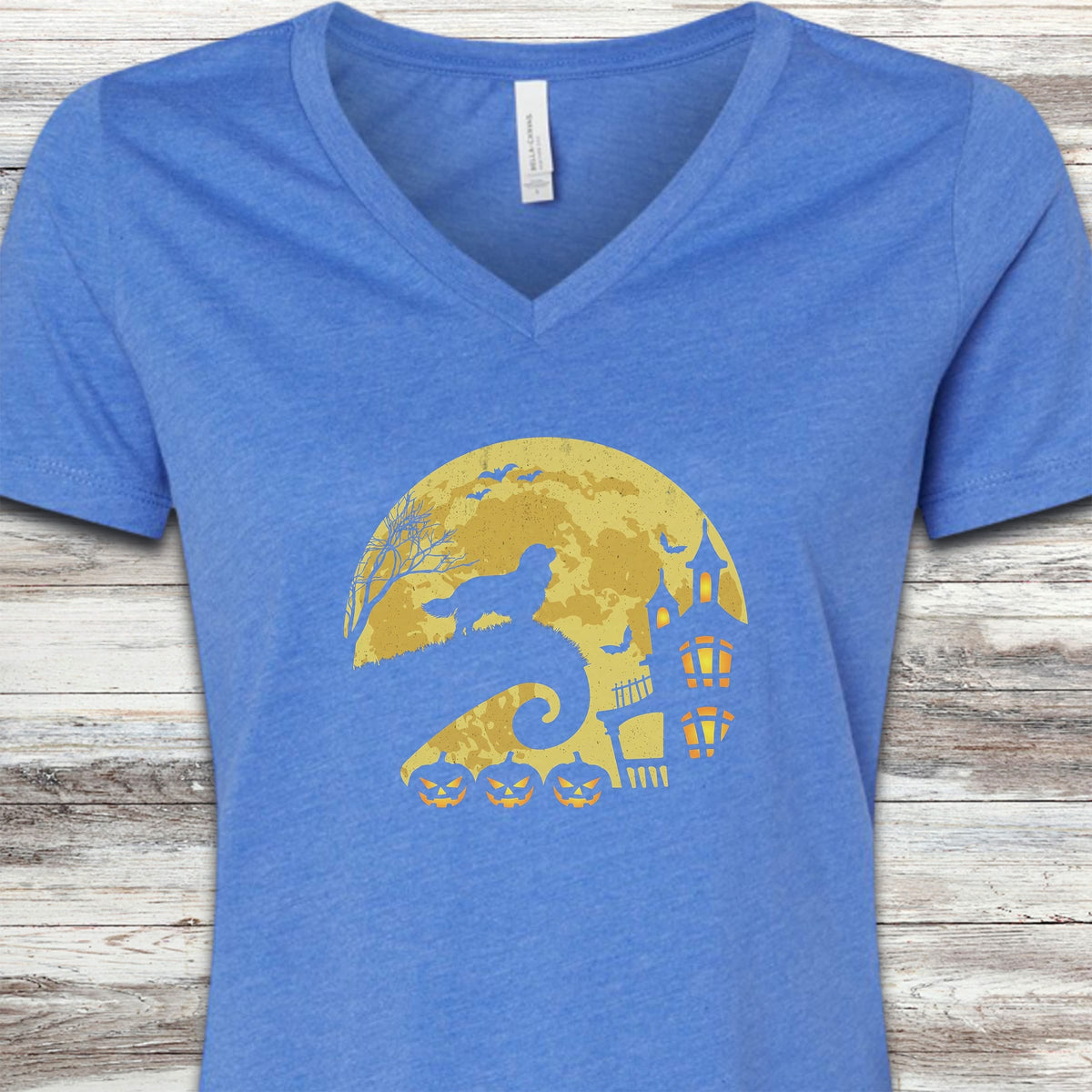 Cavalier King Charles Spaniel Halloween Moon V-Neck Tee - Heather True Royal