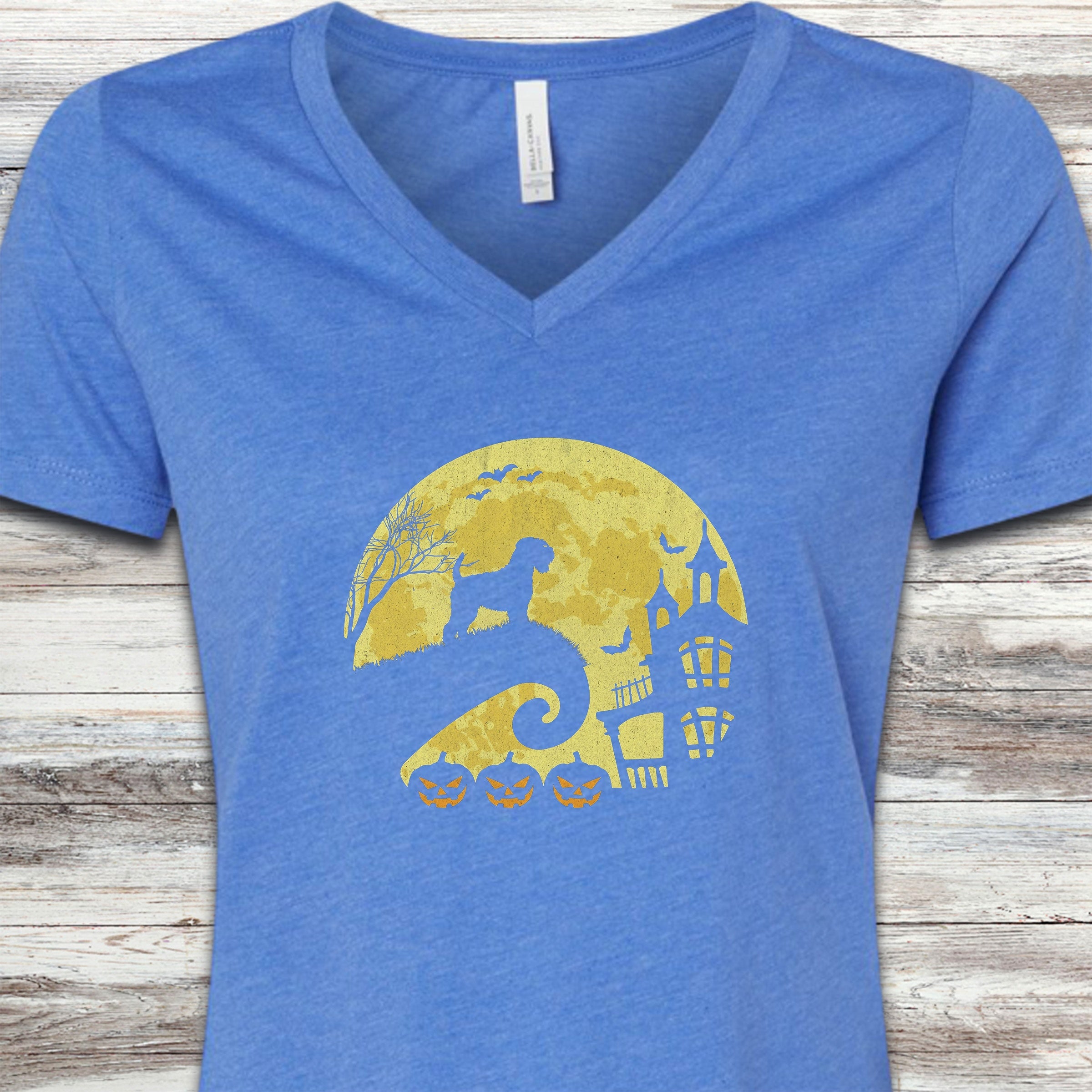 Wheaten Terrier Halloween Moon V-Neck Tee - Heather True Royal