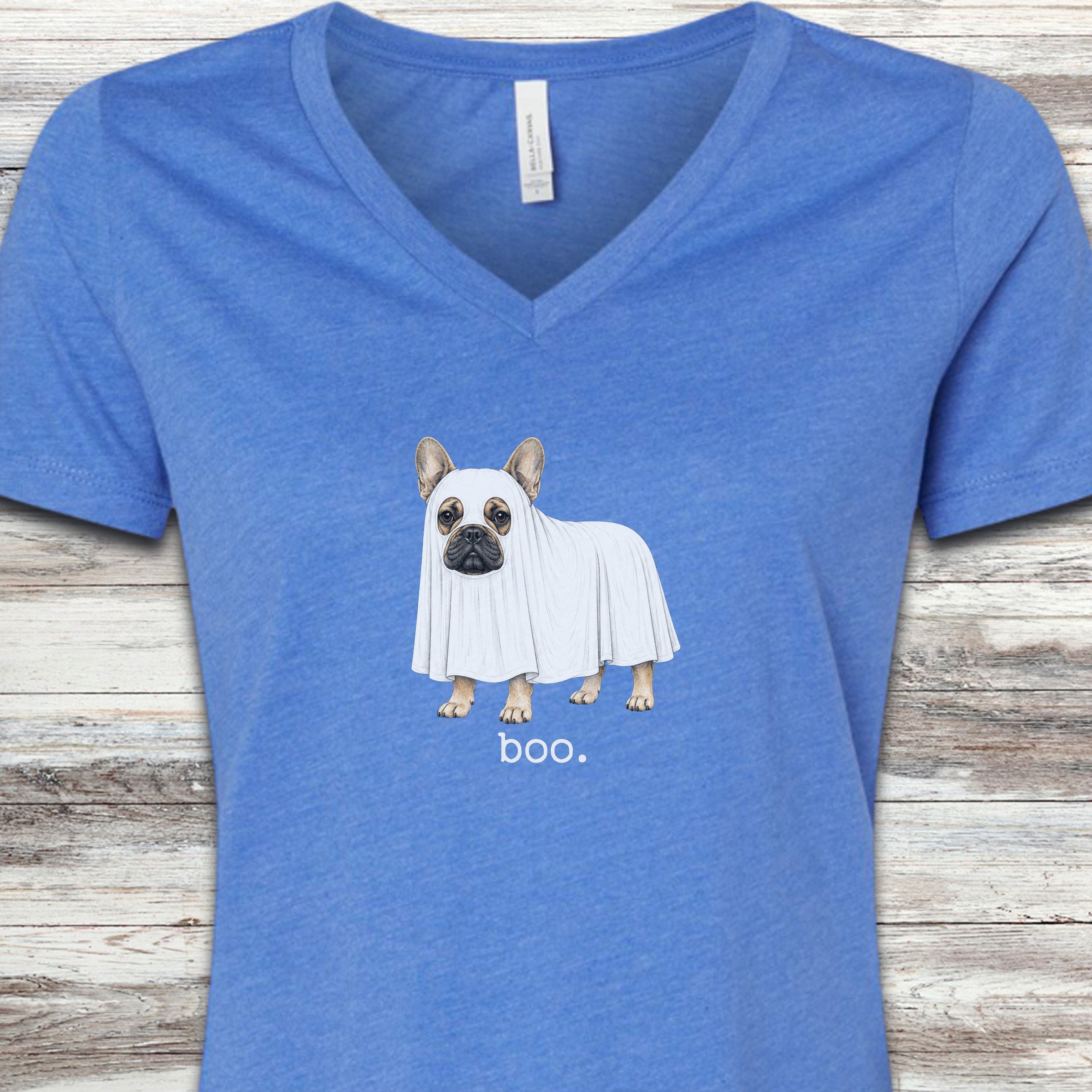French Bulldog Boo V-Neck Tee - Heather True Royal