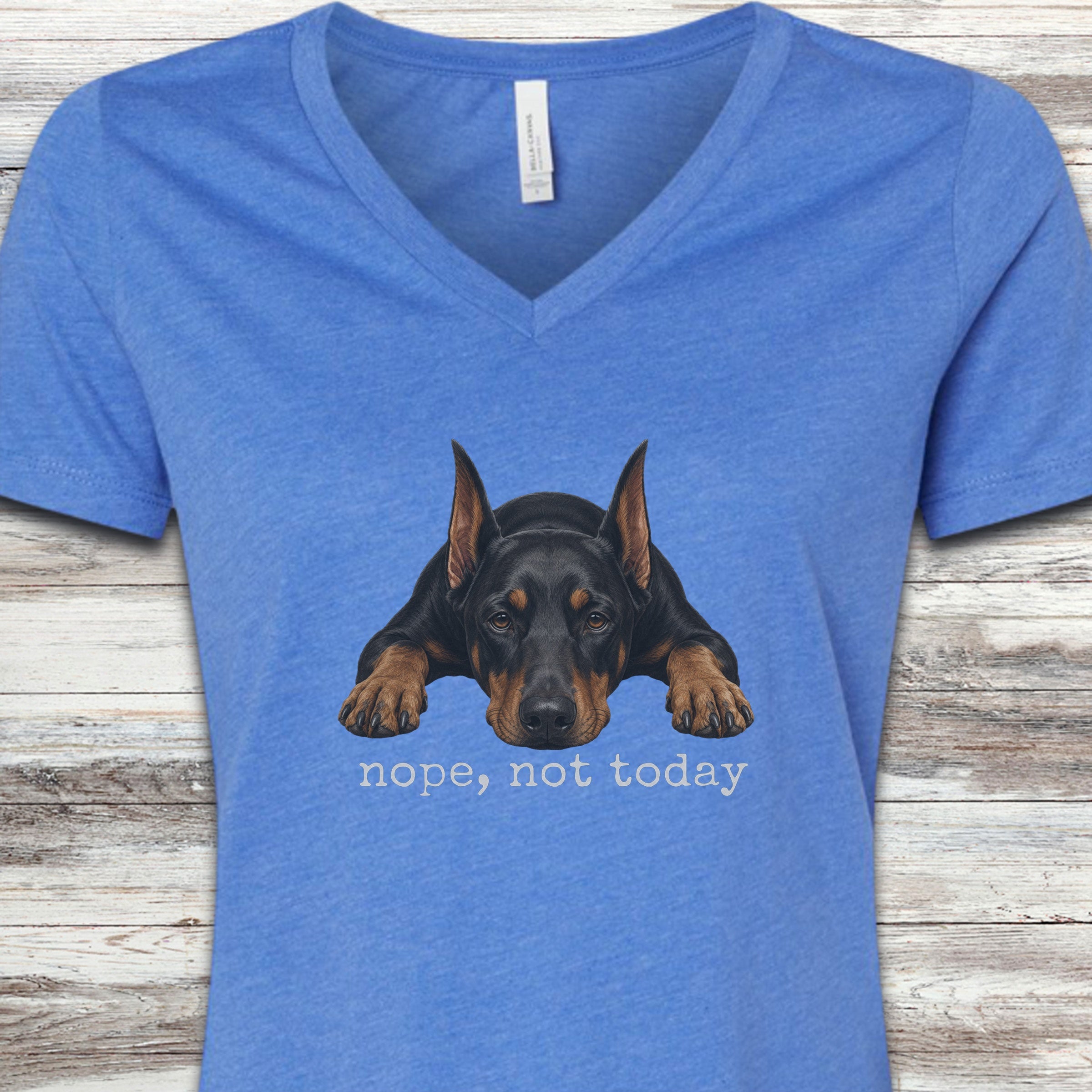 Doberman Nope V-Neck Tee - Heather True Royal
