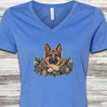 German Shepherd Sable Winter Greenery Faux Embroidery V-Neck Tee - Heather True Royal