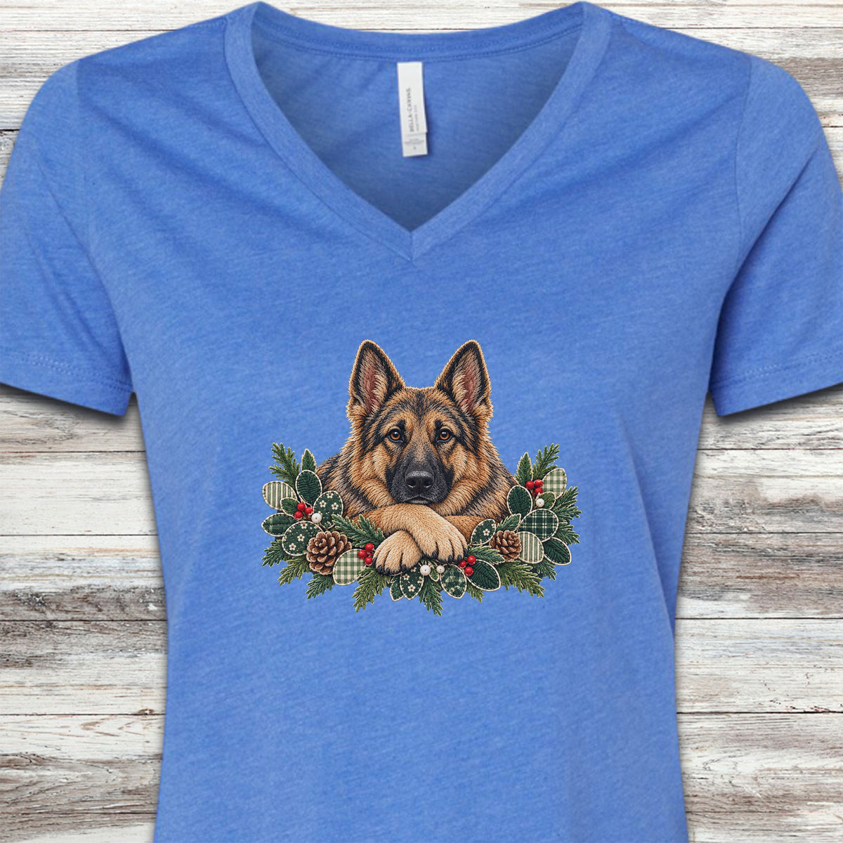 German Shepherd Sable Winter Greenery Faux Embroidery V-Neck Tee - Heather True Royal