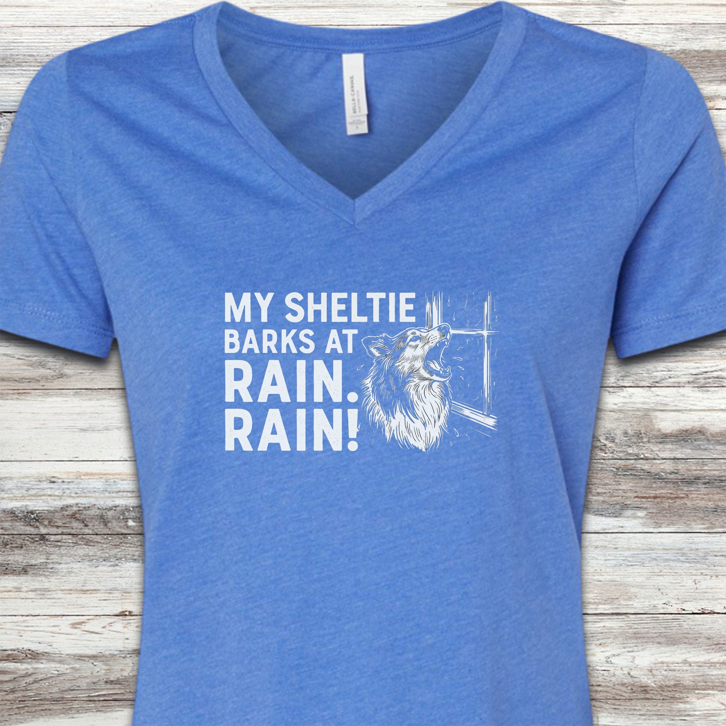 Shetland Sheepdog Rain V-Neck Tee - Heather True Royal