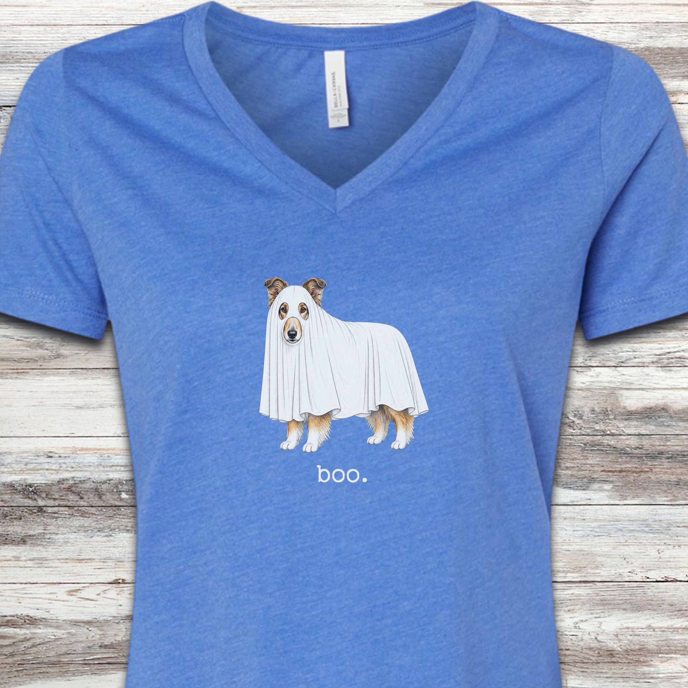 Rough Collie Boo V-Neck Tee - Heather True Royal