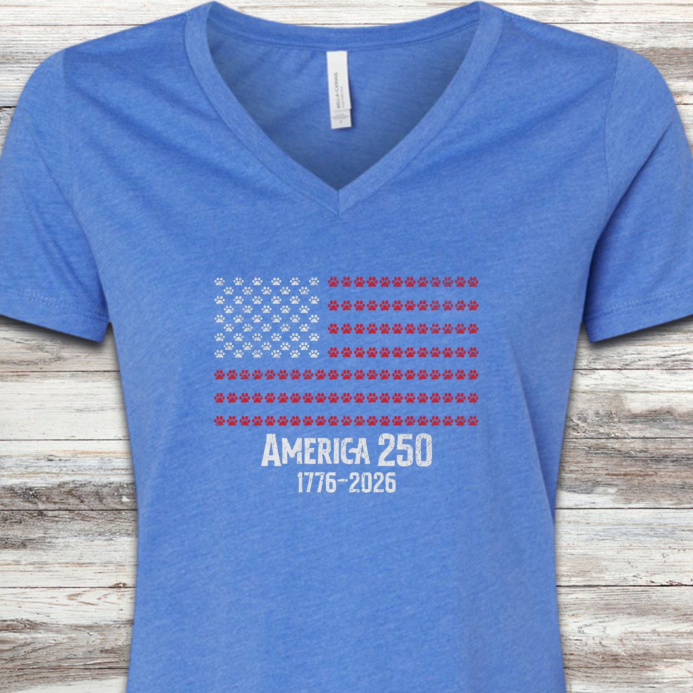 Vintage Red White & Paws 1776-2026 V-Neck Tee - Heather True Royal
