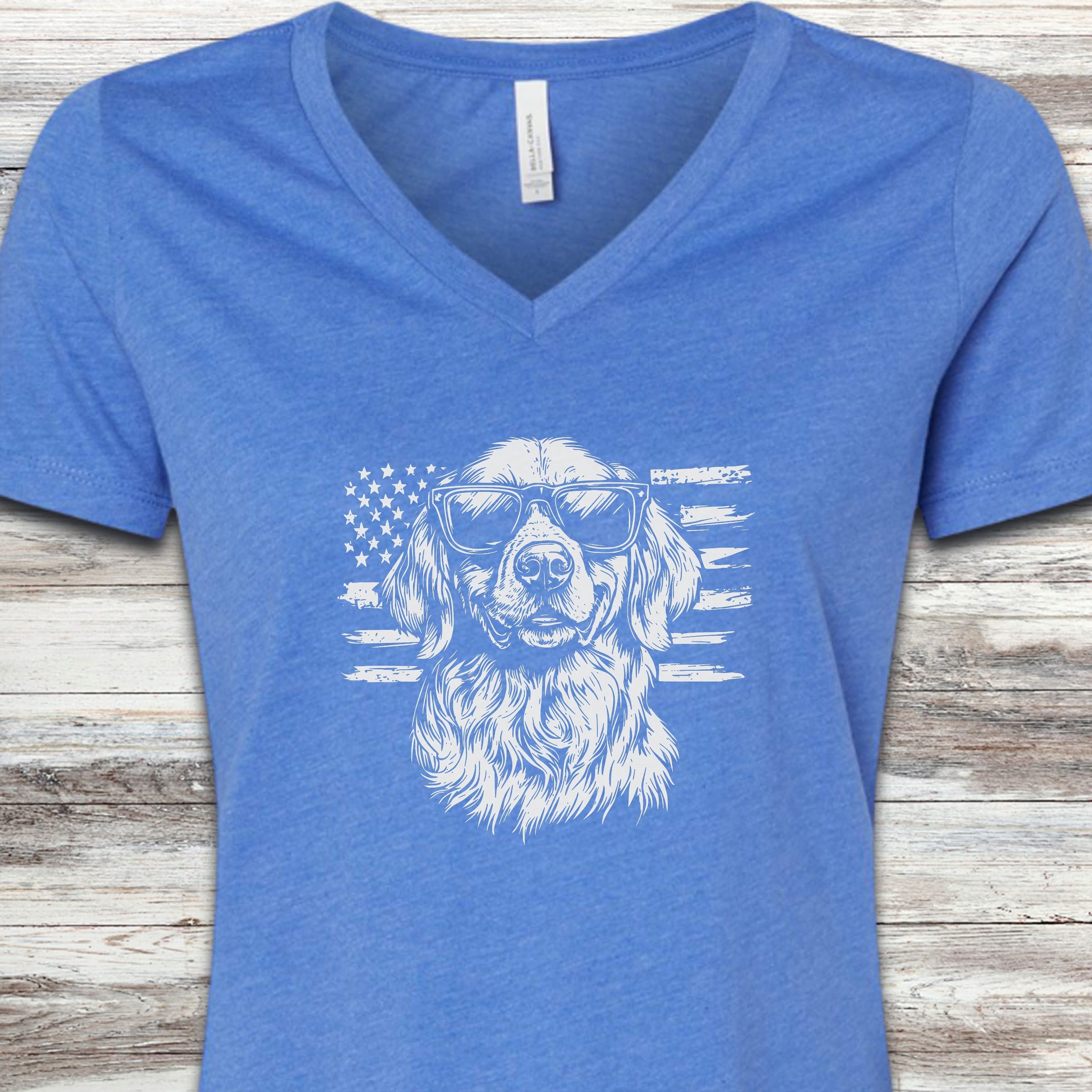 Golden Retriever Flag V-Neck Tee - Heather True Royal