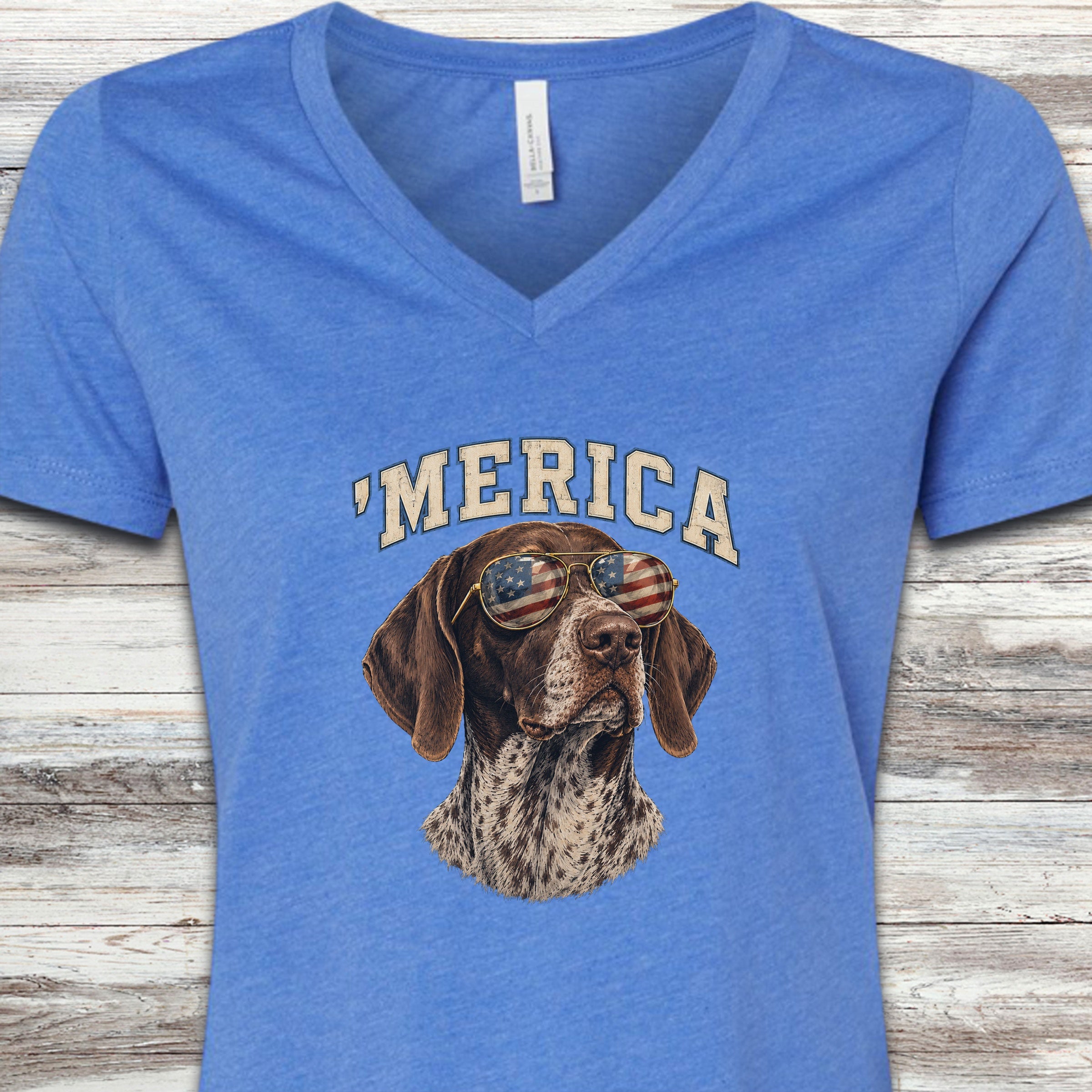 German Shorthaired Pointer 'Merica V-Neck Tee - Heather True Royal