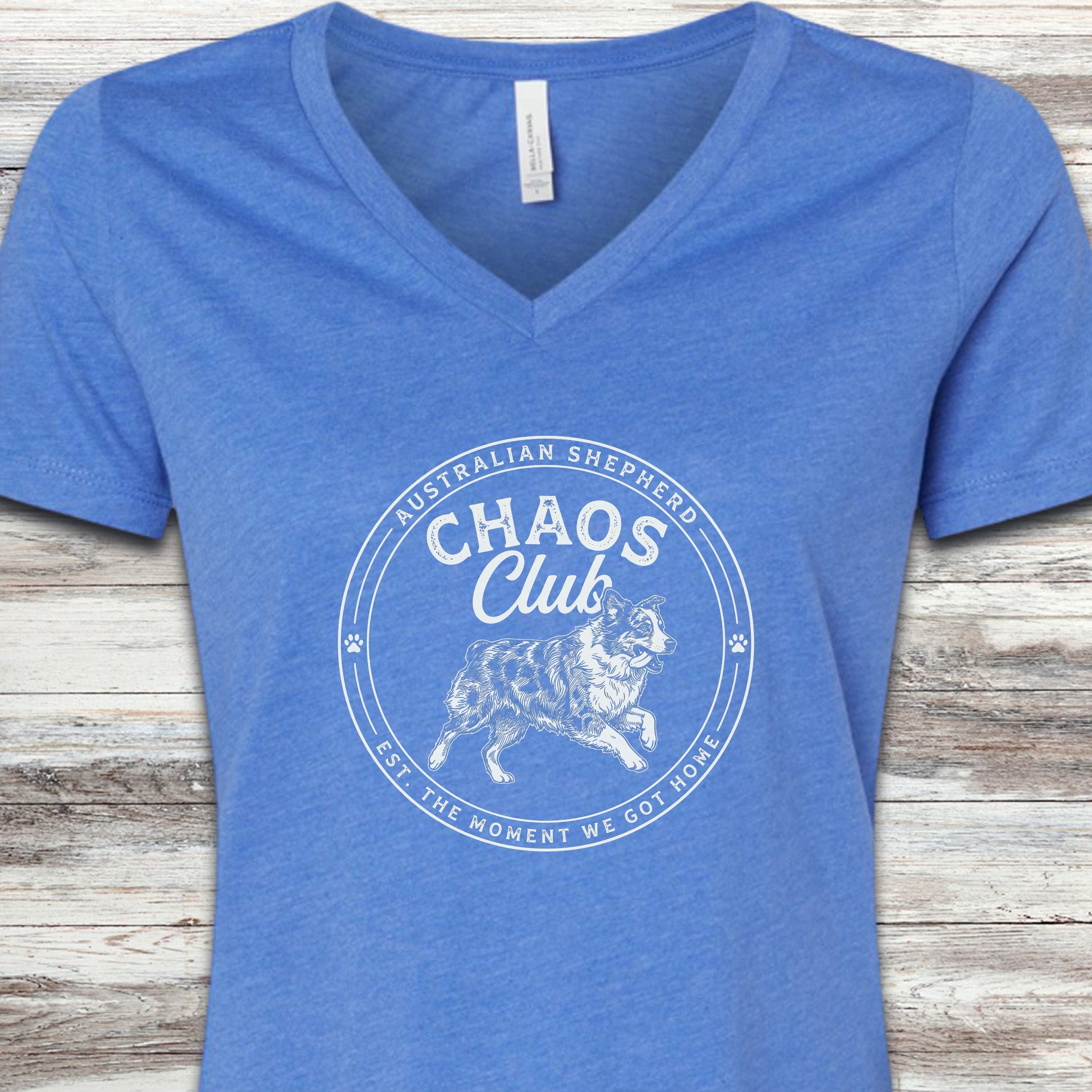 Australian Shepherd Chaos Club V-Neck Tee - Heather True Royal