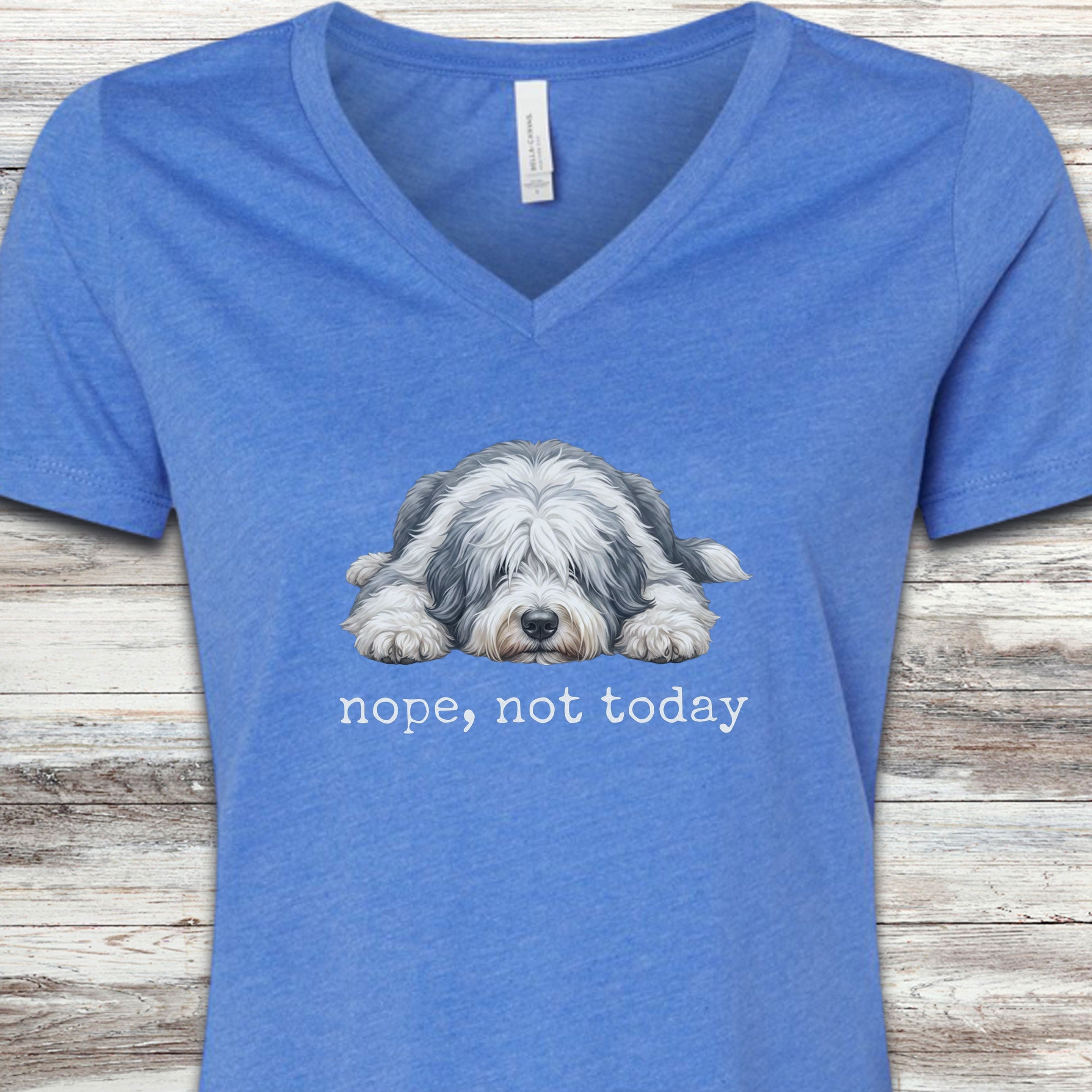 Old English Sheepdog Nope V-Neck Tee - Heather True Royal