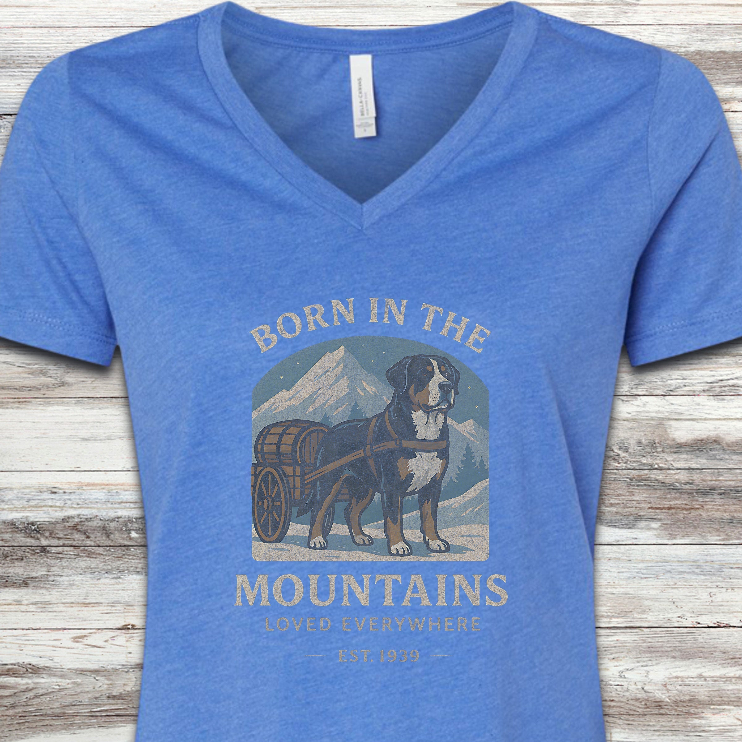Swiss Mountain Dog Born V-Neck Tee - Heather True Royal