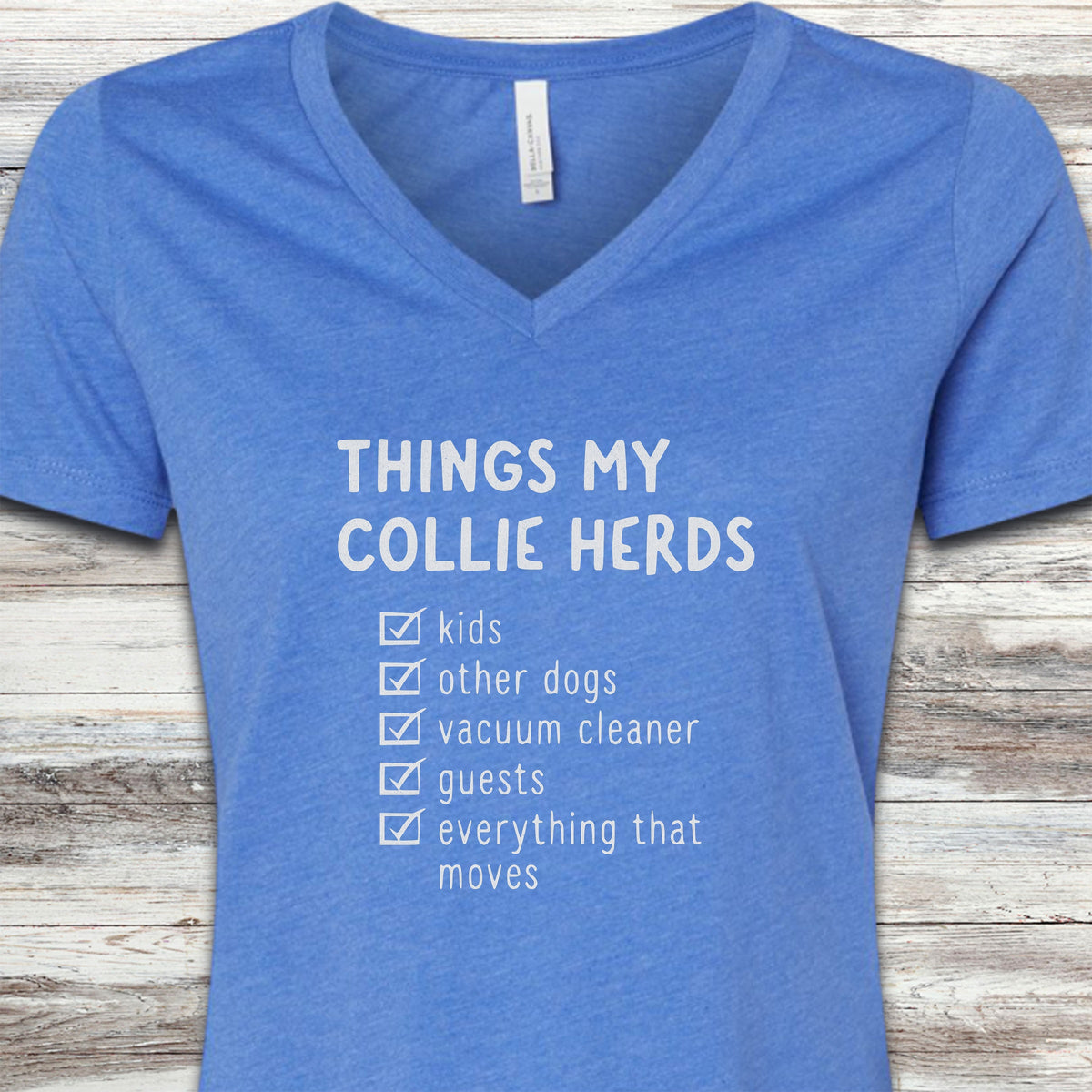 Collie Herding List V-Neck Tee - Heather True Royal