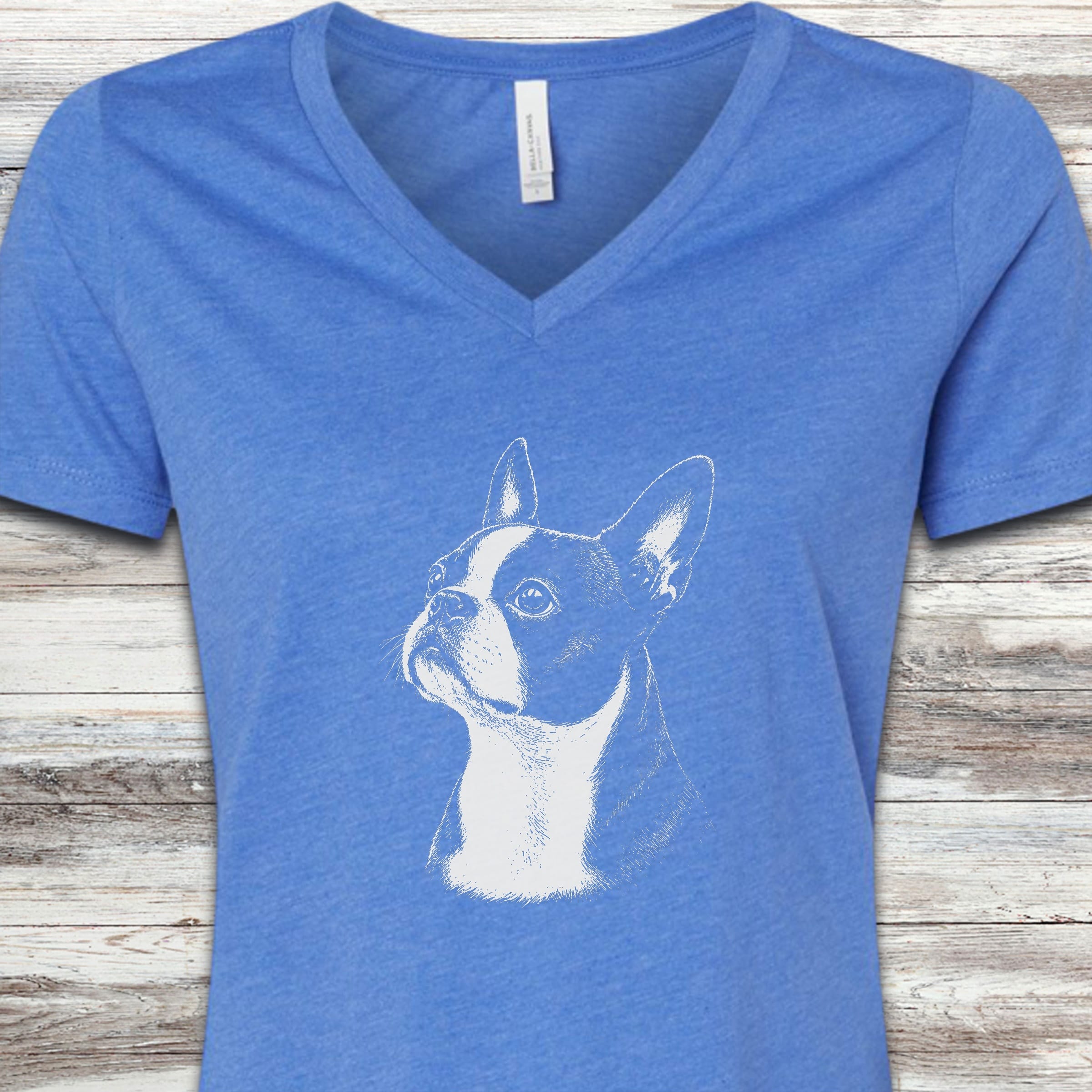 Boston Terrier Loyalty V-Neck Tee - Heather True Royal