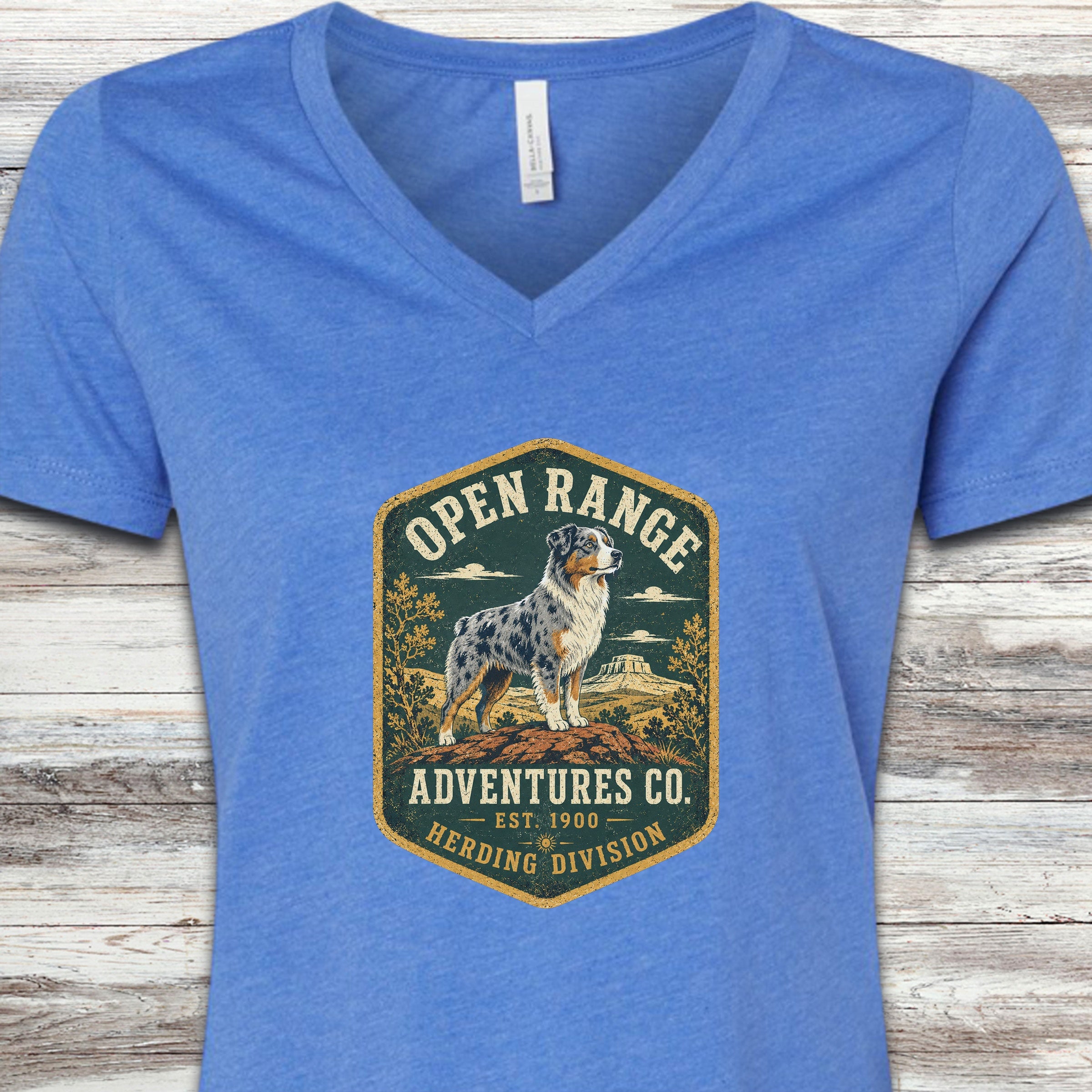 Australian Shepherd Adventures V-Neck Tee - Heather True Royal