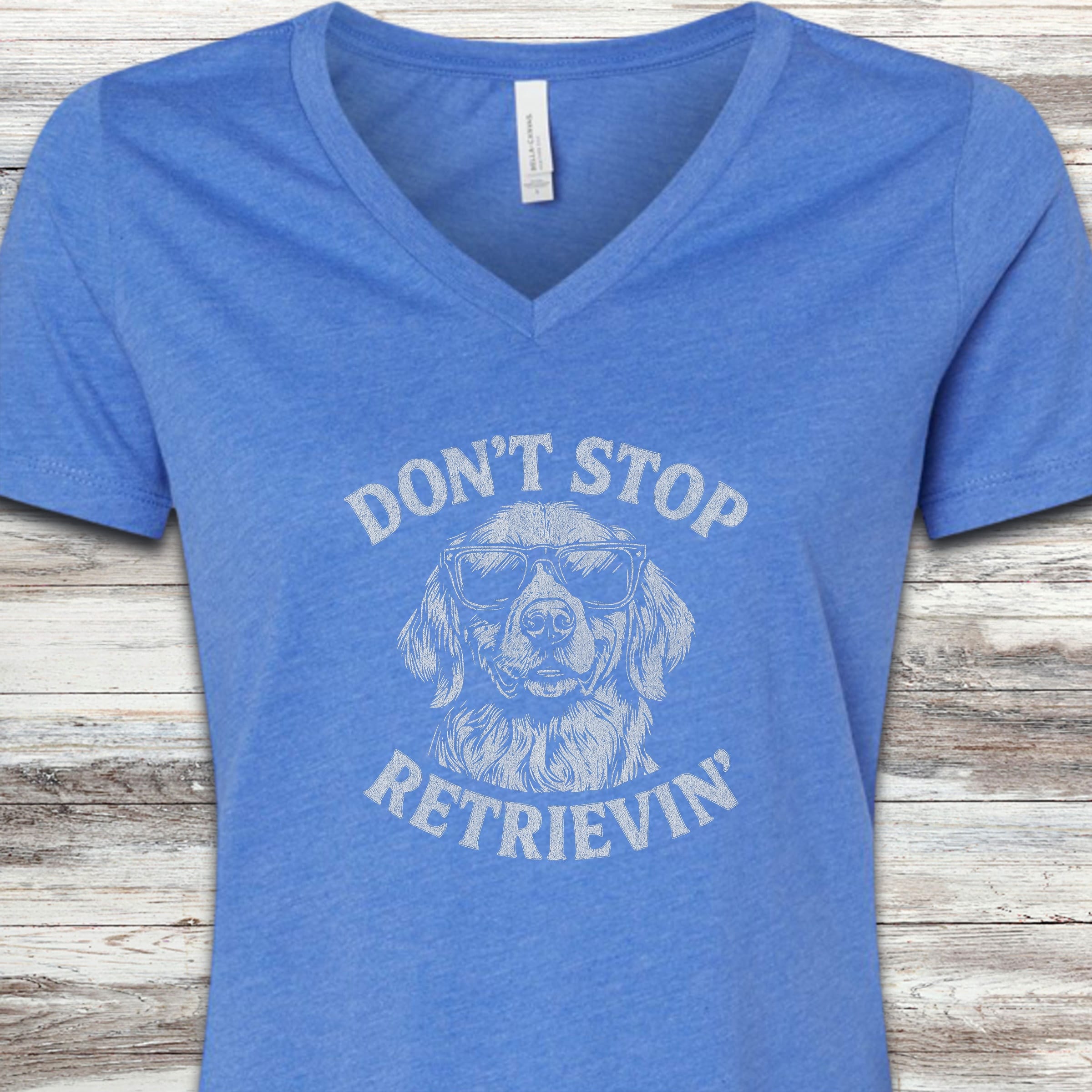 Golden Retriever Don't Stop V-Neck Tee - Heather True Royal