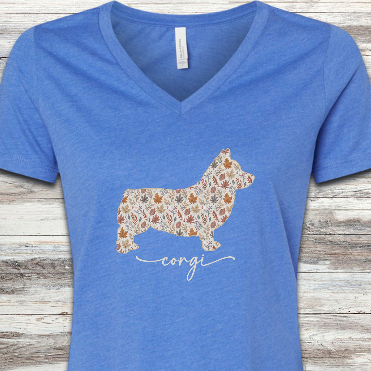 Corgi Fall V-Neck Tee - Heather True Royal