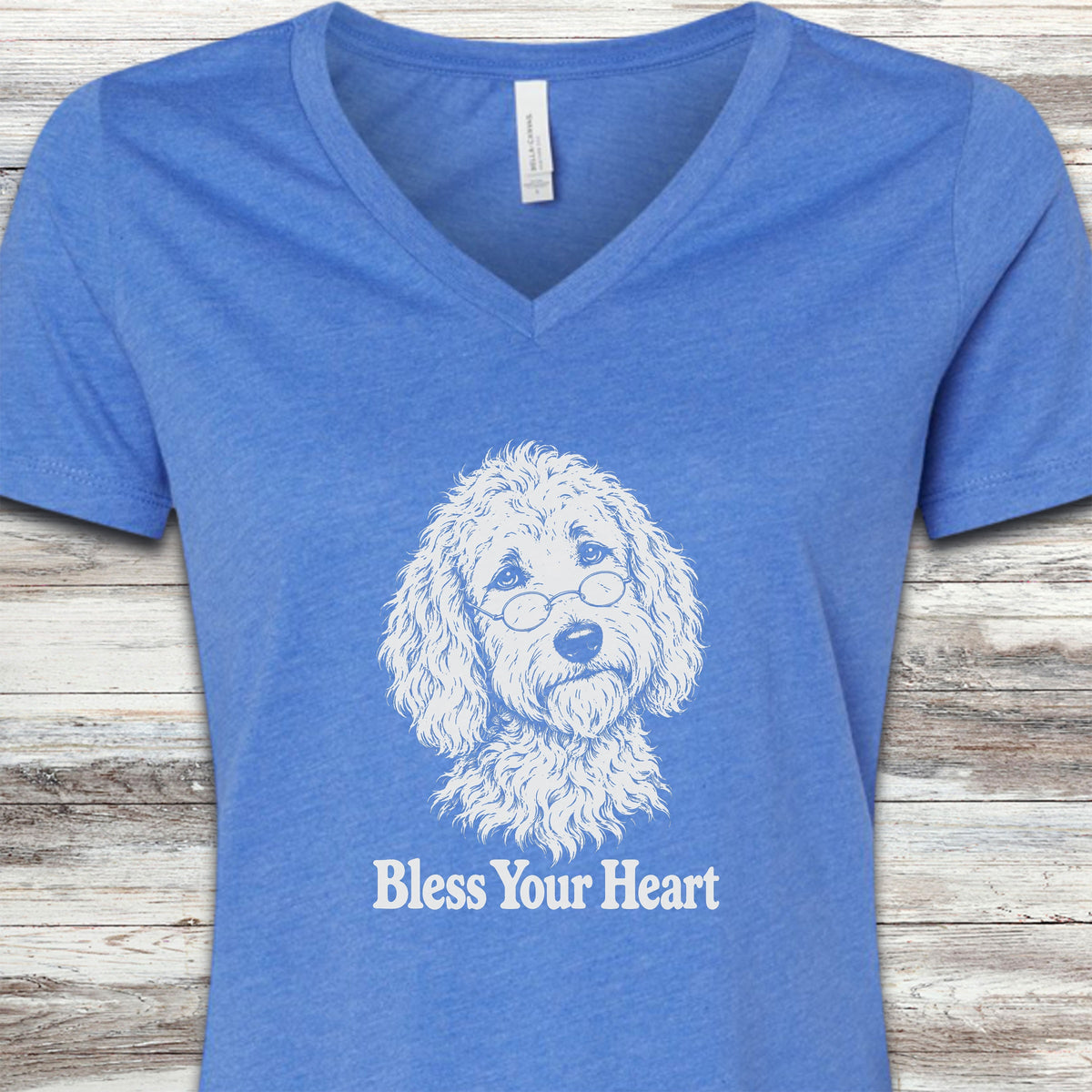 Goldendoodle Bless Your Heart V-Neck Tee - Heather True Royal