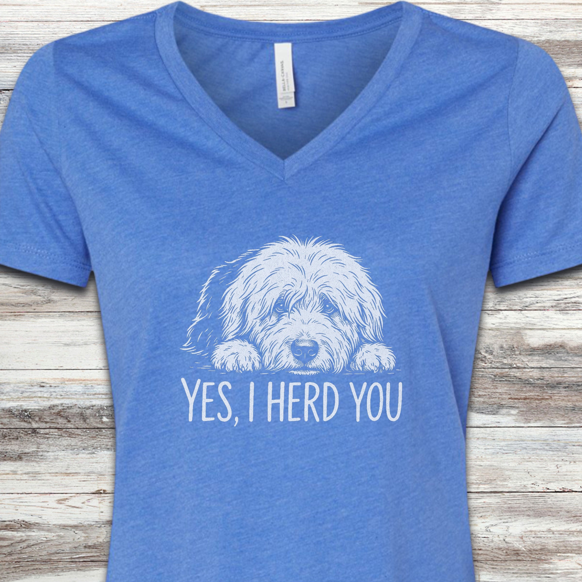 Old English Sheepdog Herd You V-Neck Tee - Heather True Royal