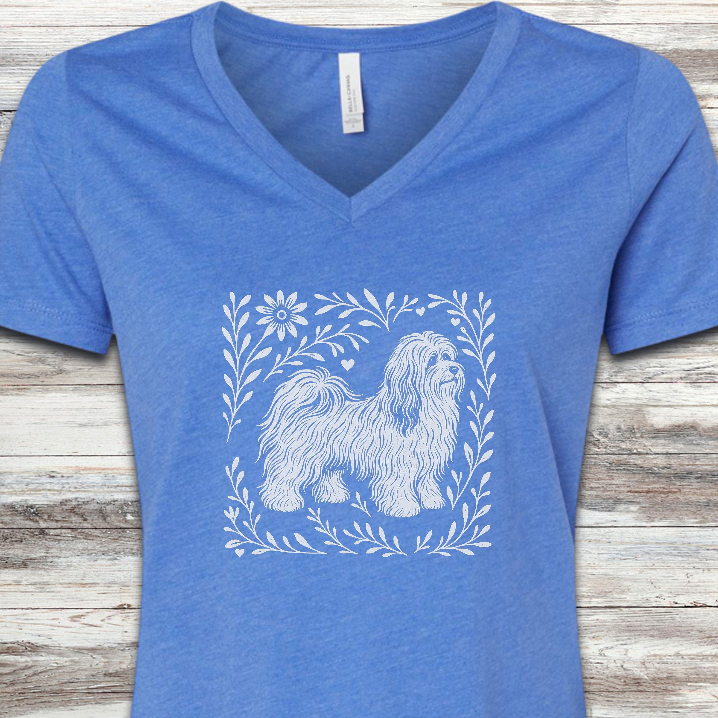 Havanese Linocut V-Neck Tee - Heather True Royal