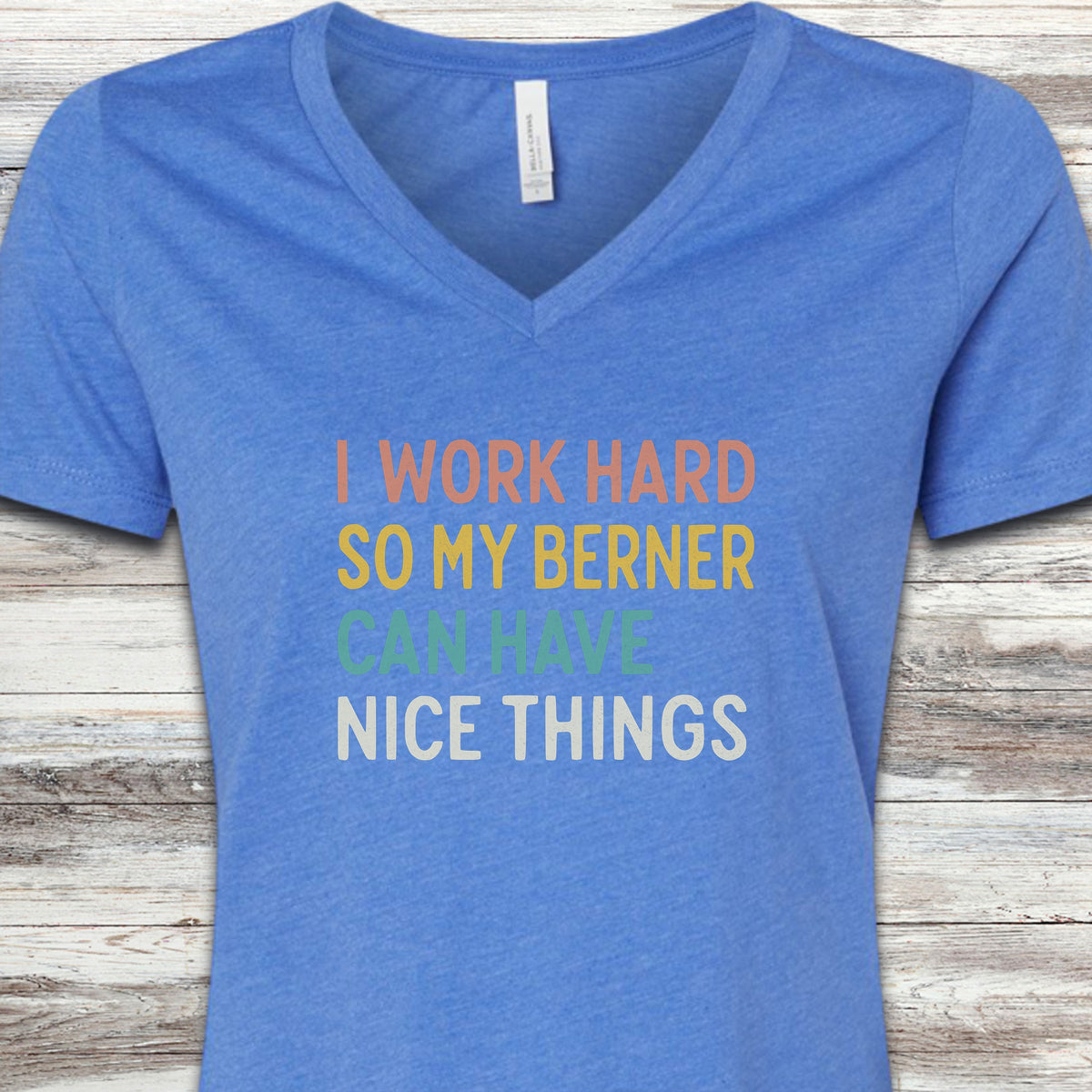 I Work Hard Bernese Mountain Dog V-Neck Tee - Heather True Royal