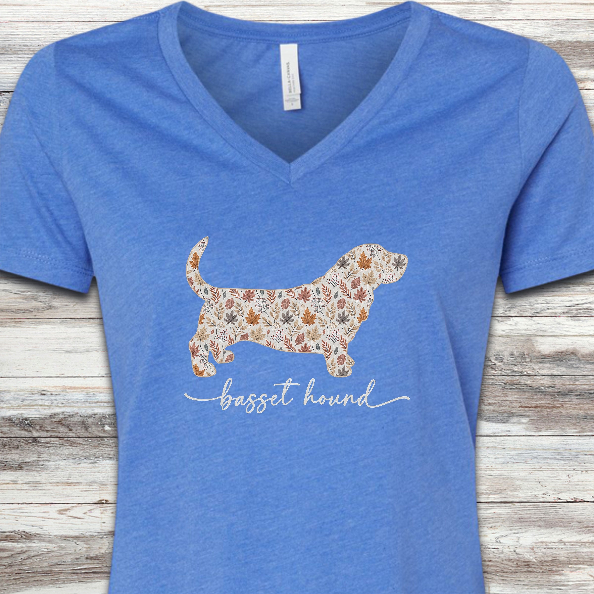 Basset Hound Fall V-Neck Tee - Heather True Royal