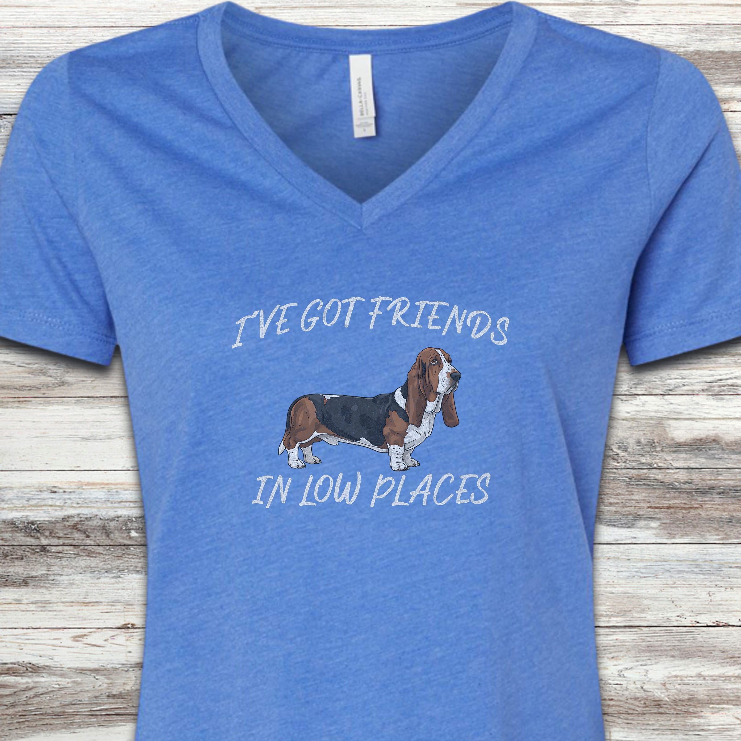 Basset Hound Low Places V-Neck Tee - Heather True Royal