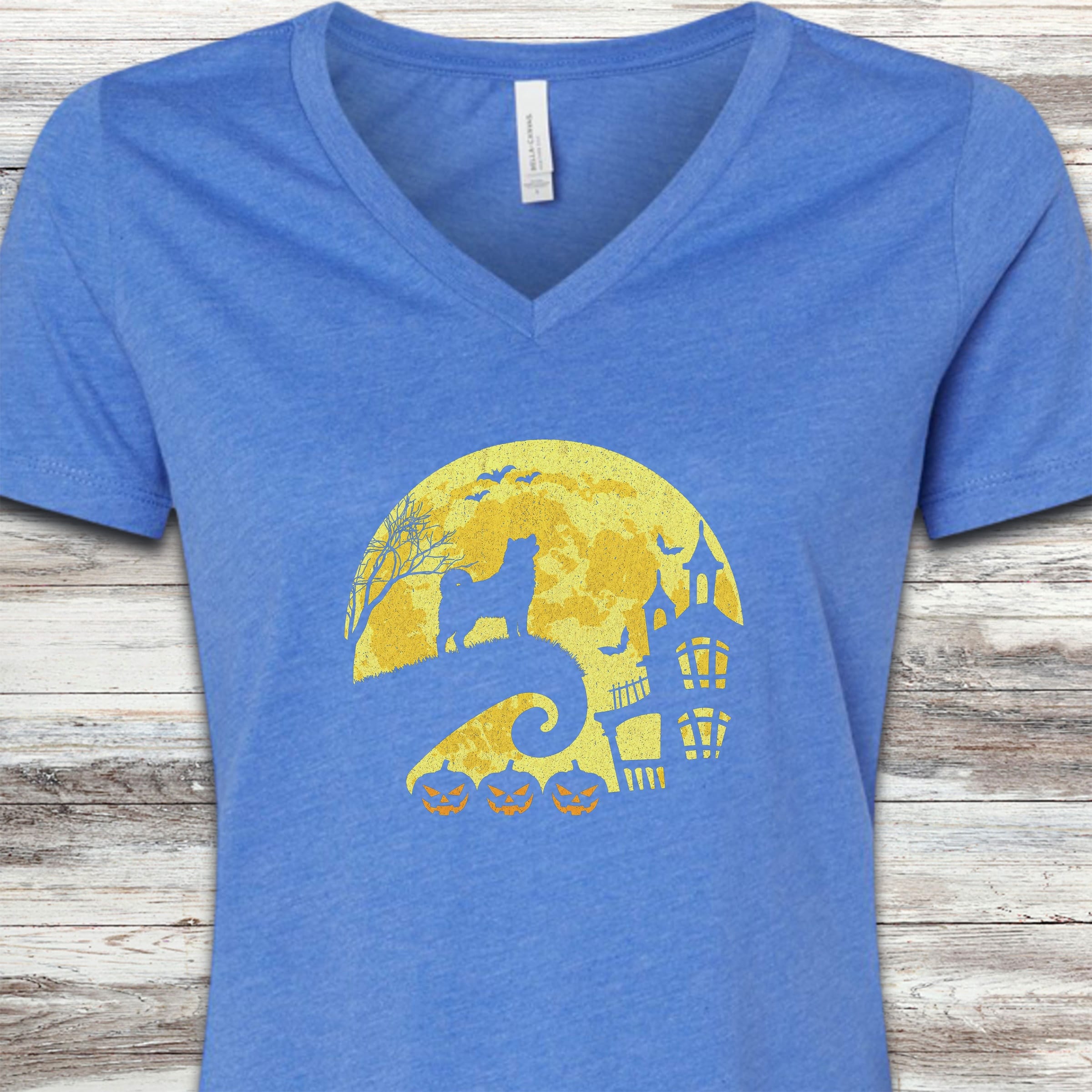 Akita Halloween Moon V-Neck Tee - Heather True Royal