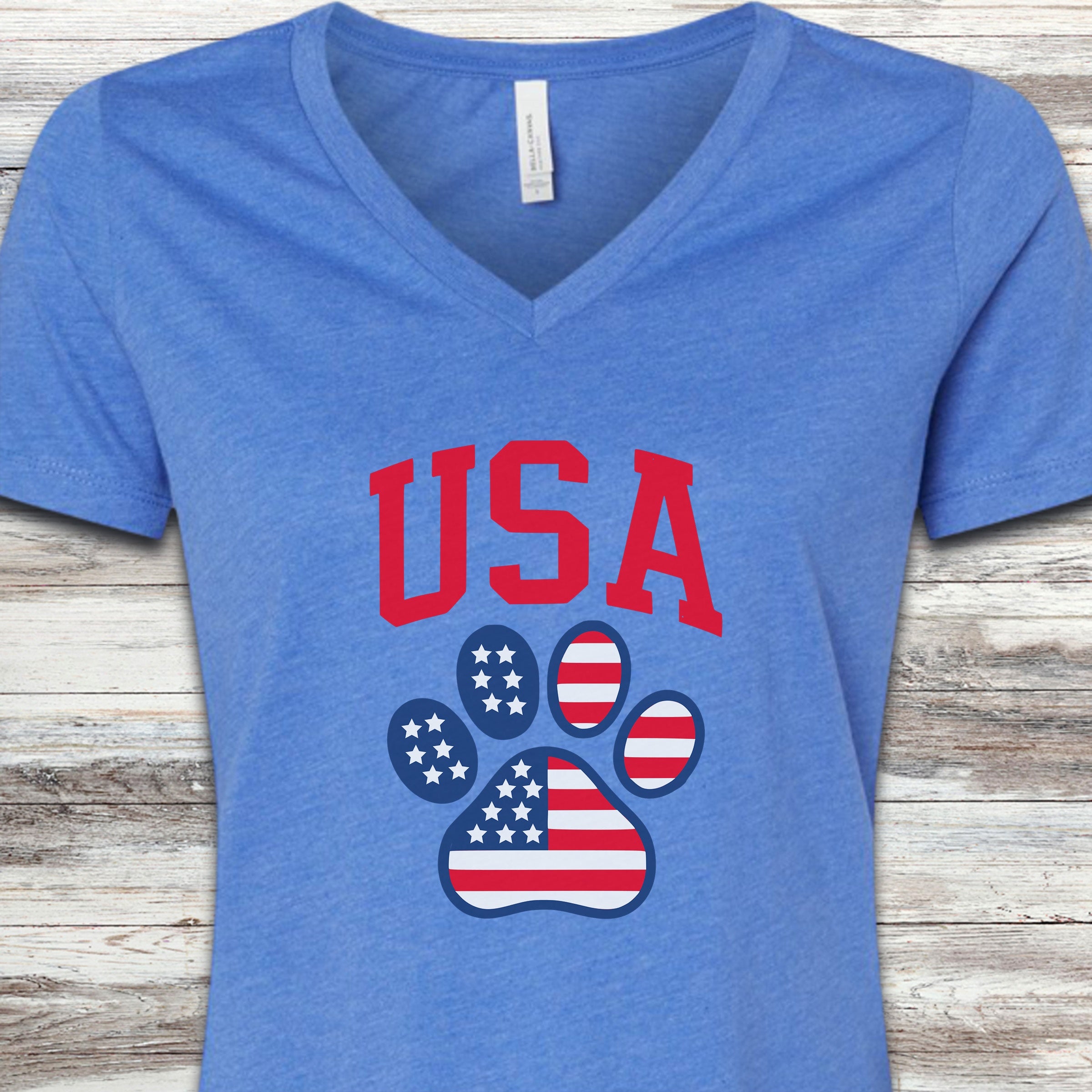 USA Paw Print V-Neck Tee - Heather True Royal