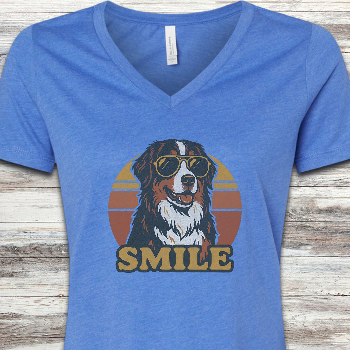 Bernese Mountain Dog Smile V-Neck Tee - Heather True Royal