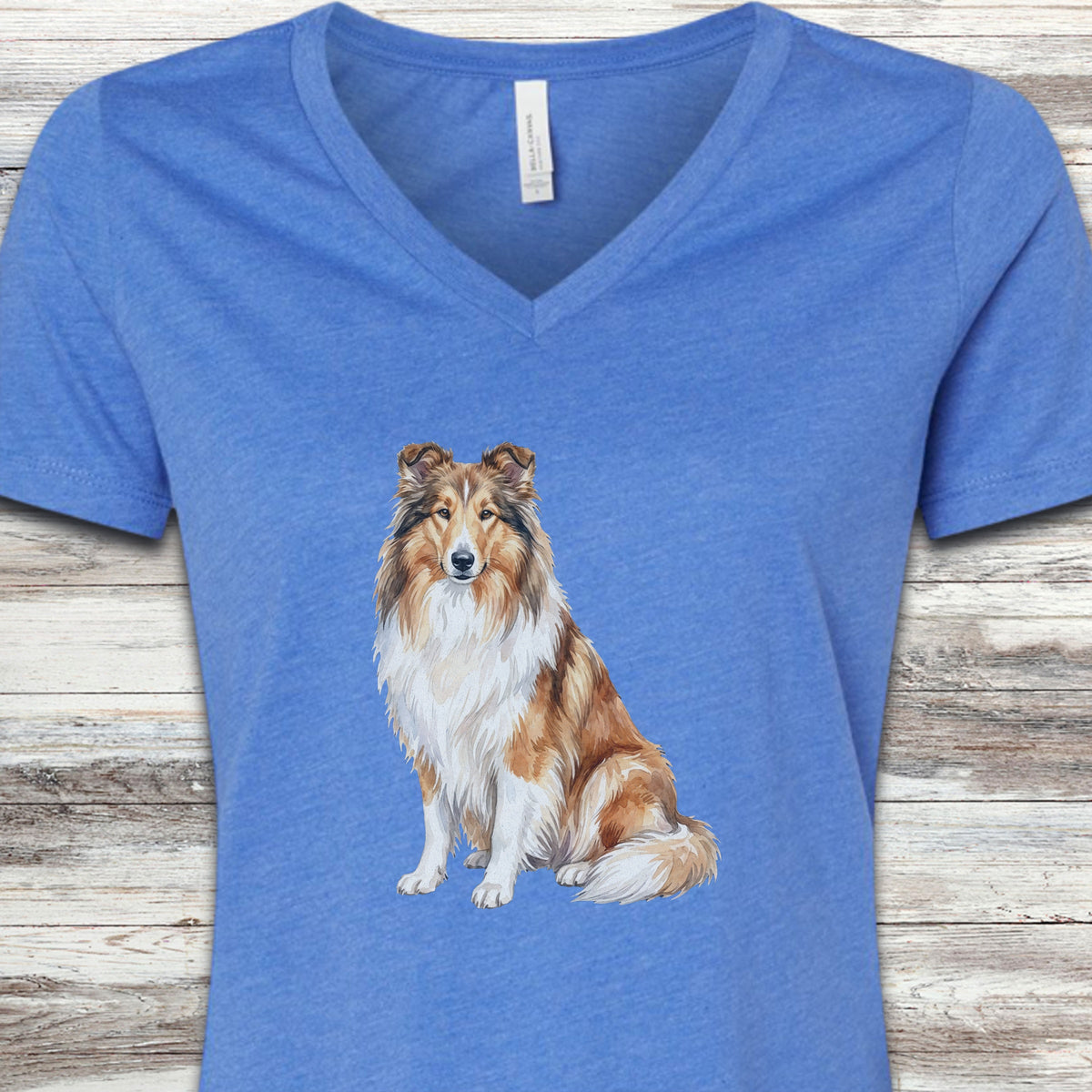 Rough Collie Watercolor V-Neck Tee - Heather True Royal