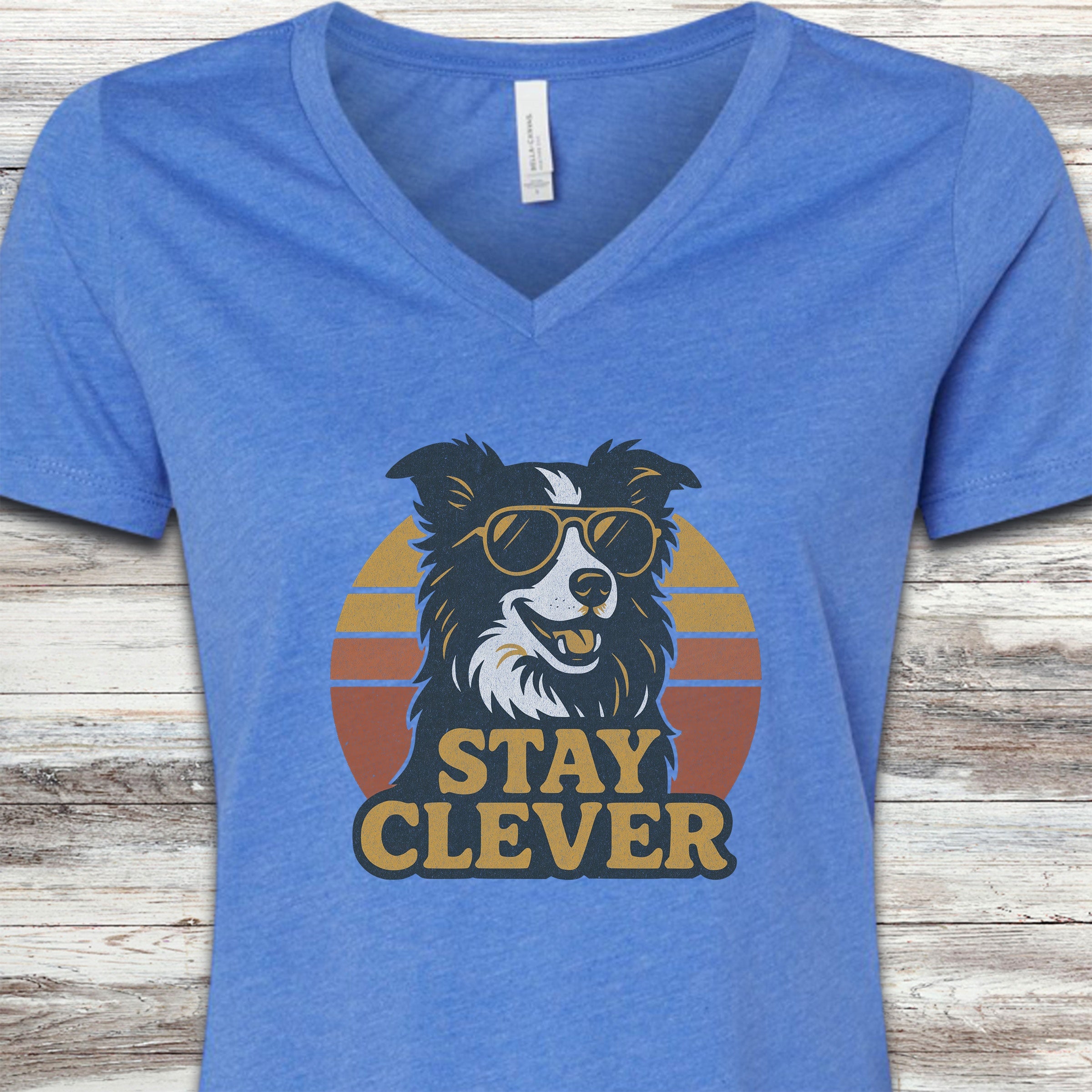 Border Collie Stay Clever V-Neck Tee - Heather True Royal