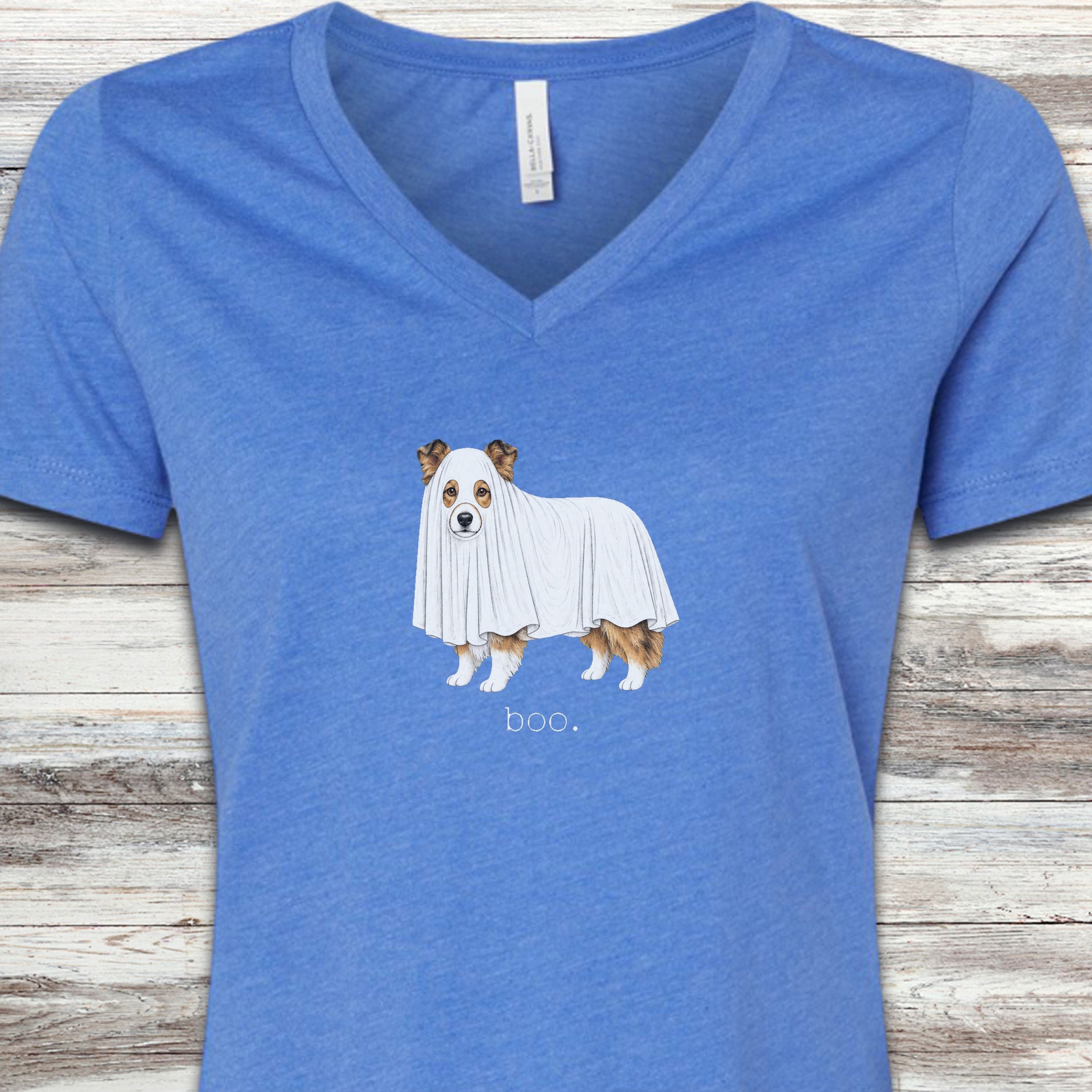 Shetland Sheepdog Boo V-Neck Tee - Heather True Royal