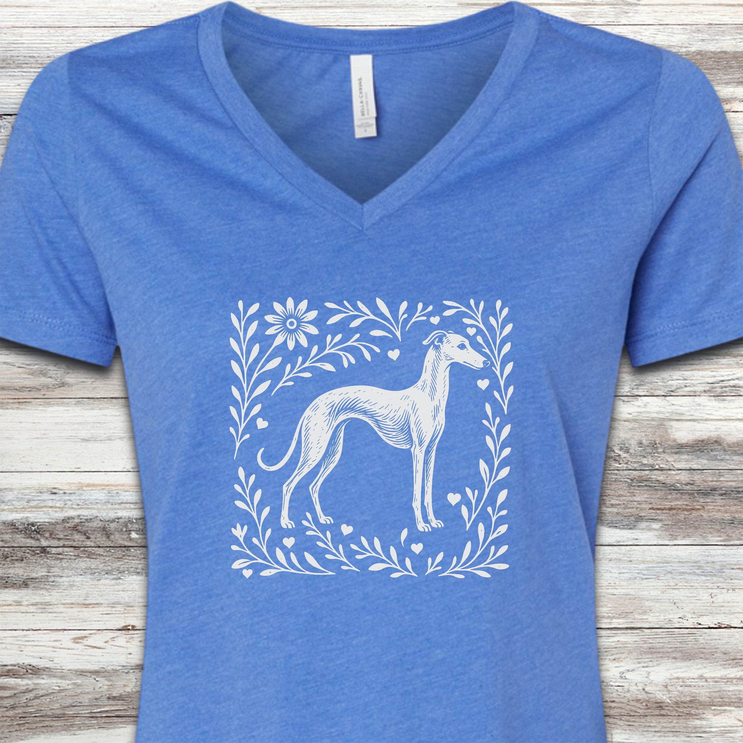Whippet Linocut V-Neck Tee - Heather True Royal