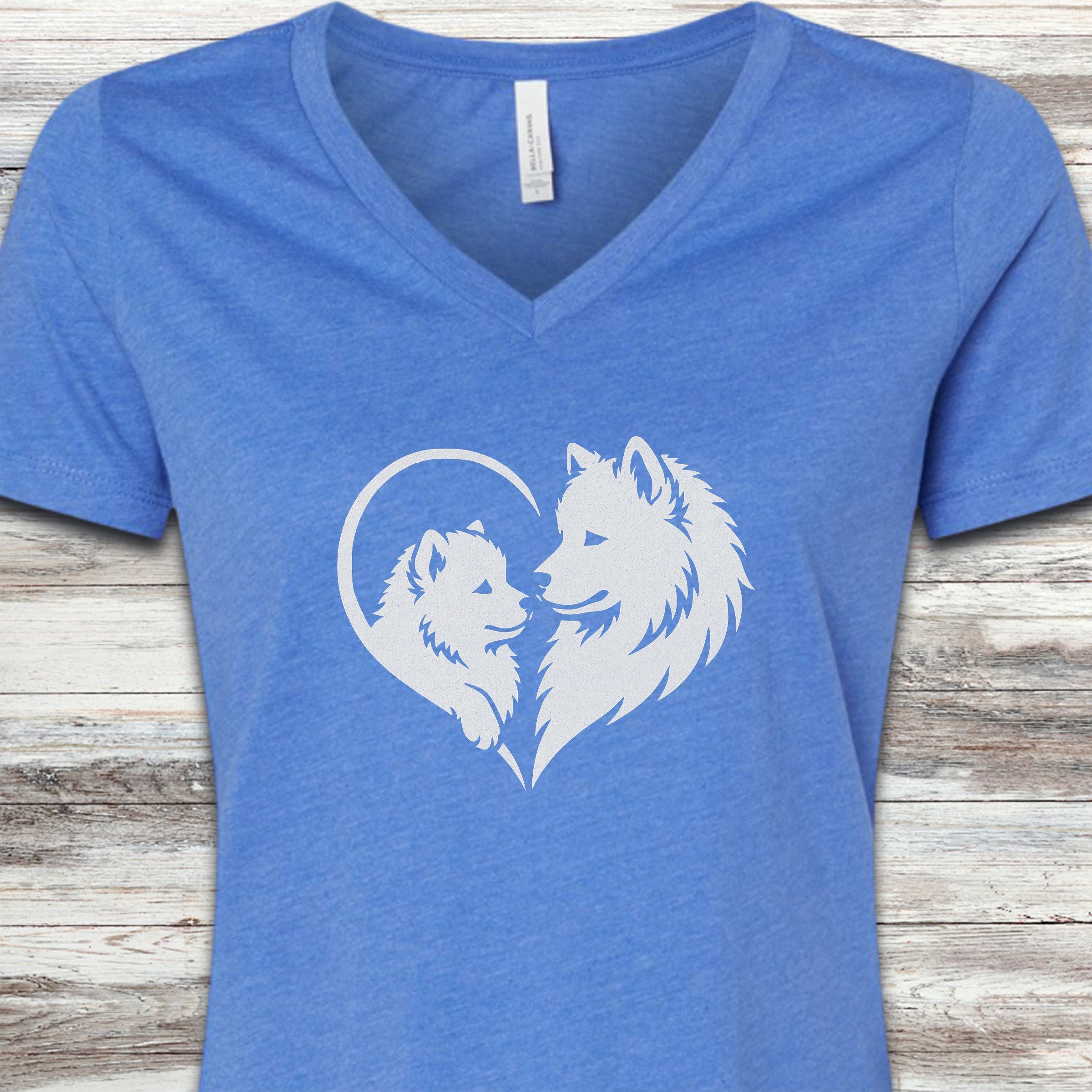 Samoyed Heart Bond V-Neck Tee - Heather True Royal
