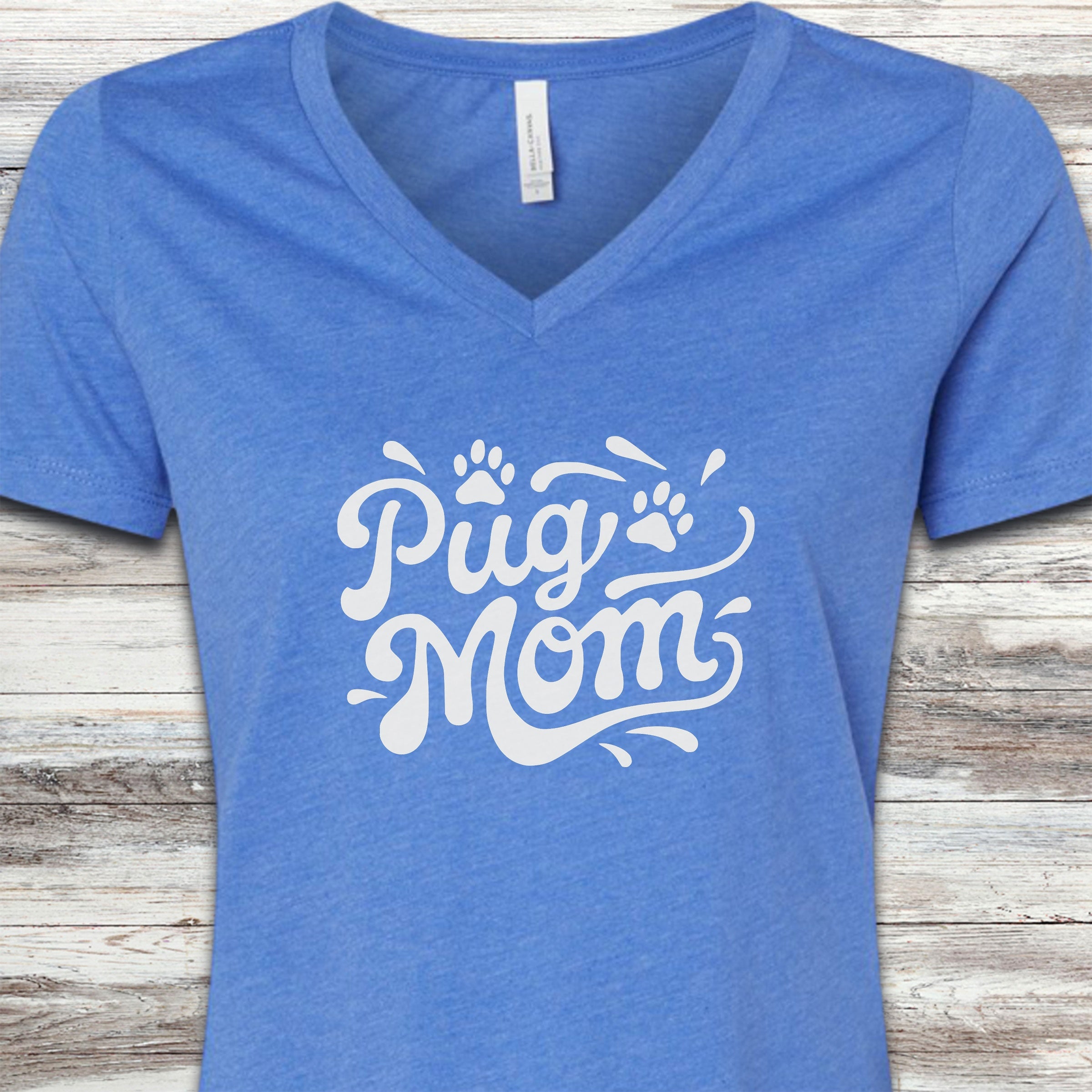 Pug Groovy Mom V-Neck Tee - Heather True Royal