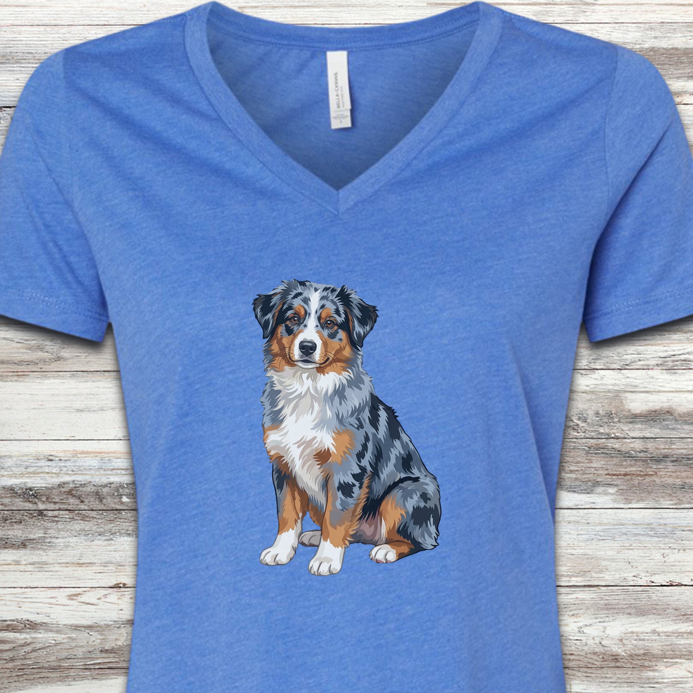 Australian Shepherd Merle Watercolor V-Neck Tee - Heather True Royal