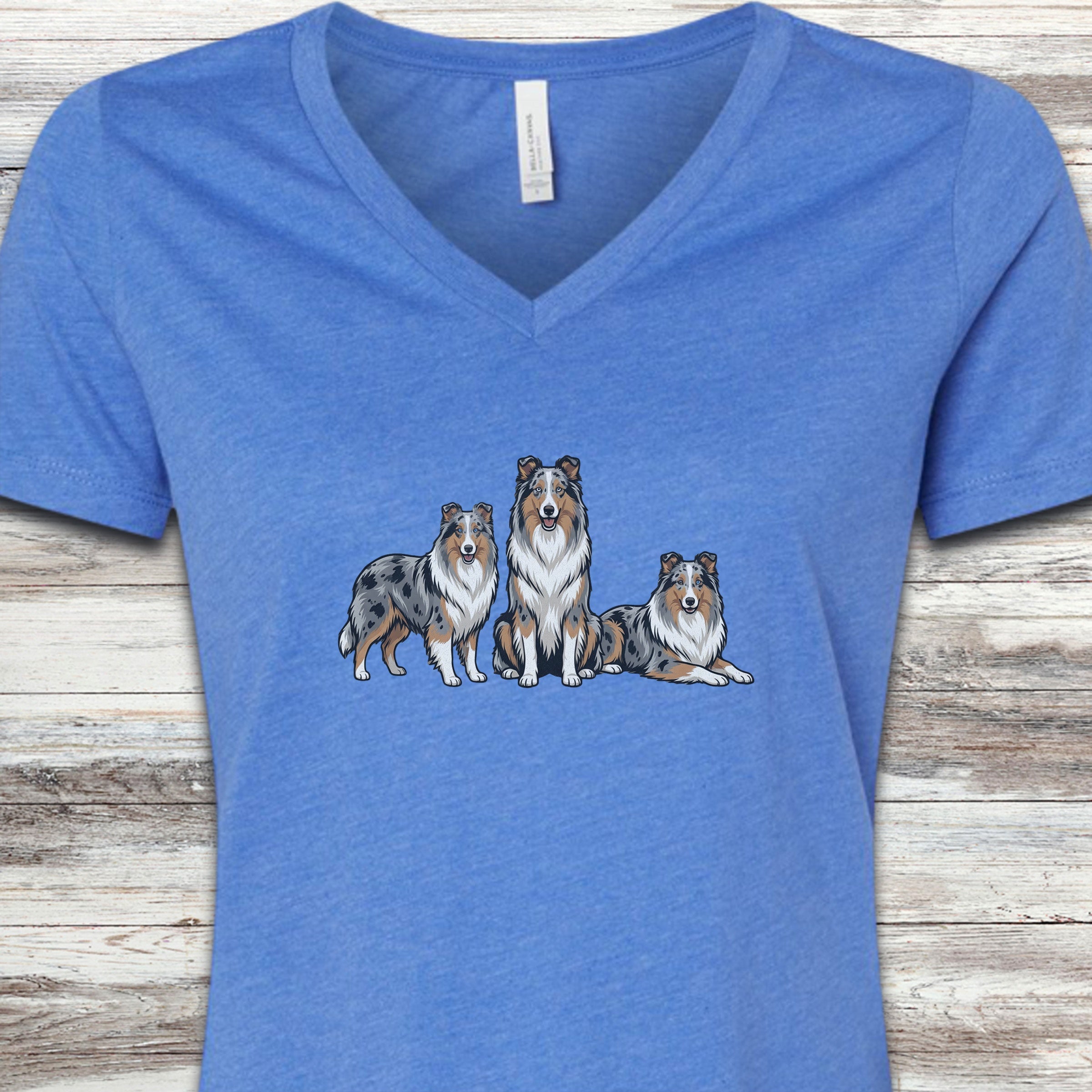 Australian Shepherd Blue Merle Trio V-Neck Tee - Heather True Royal