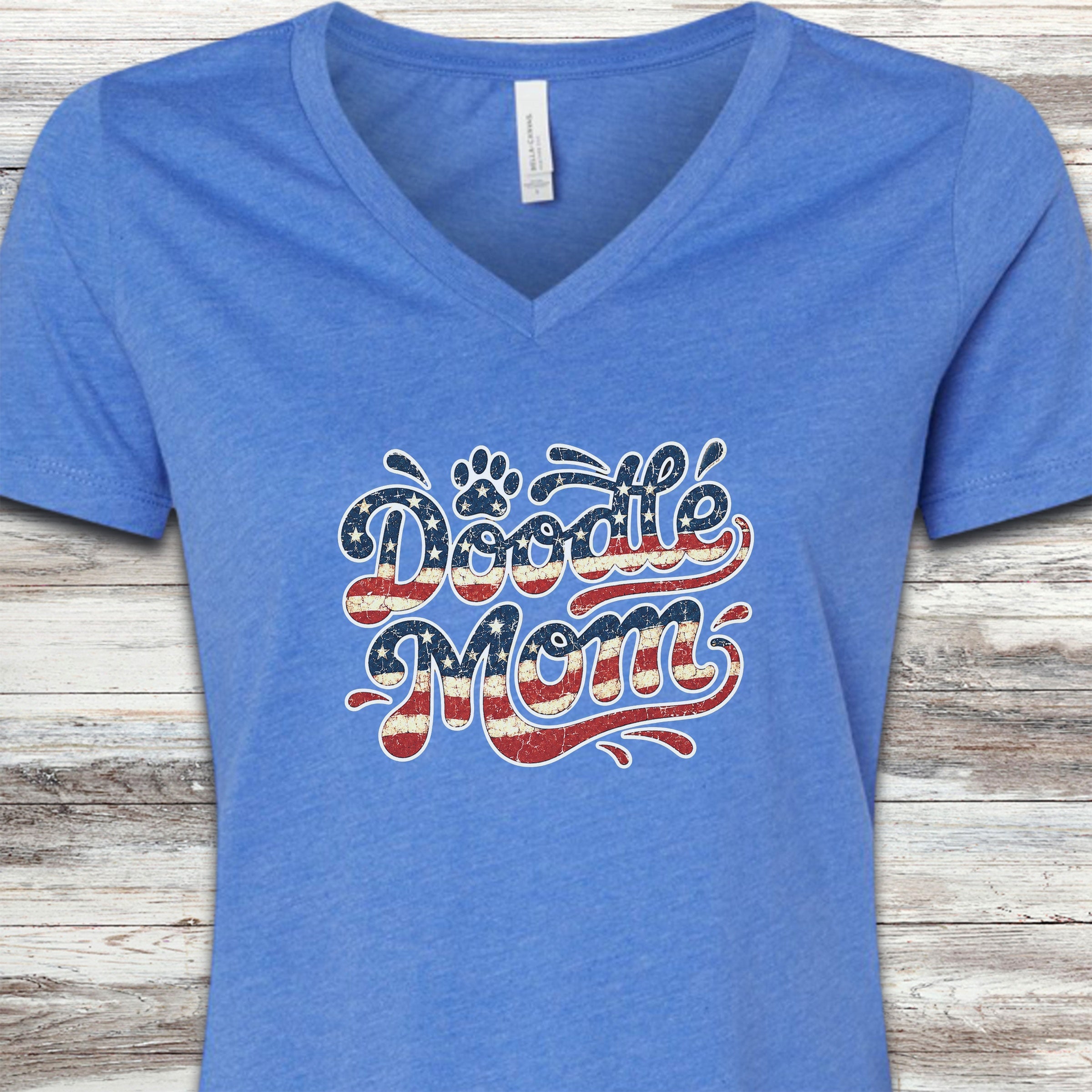 Doodle USA Mom V-Neck Tee - Heather True Royal