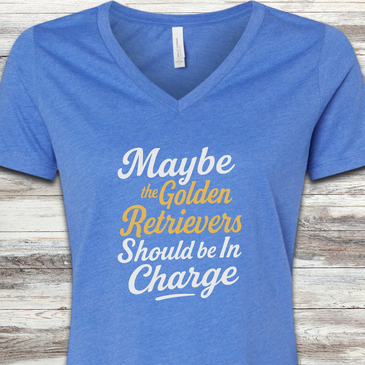 Golden Retriever In Charge V-Neck Tee - Heather True Royal
