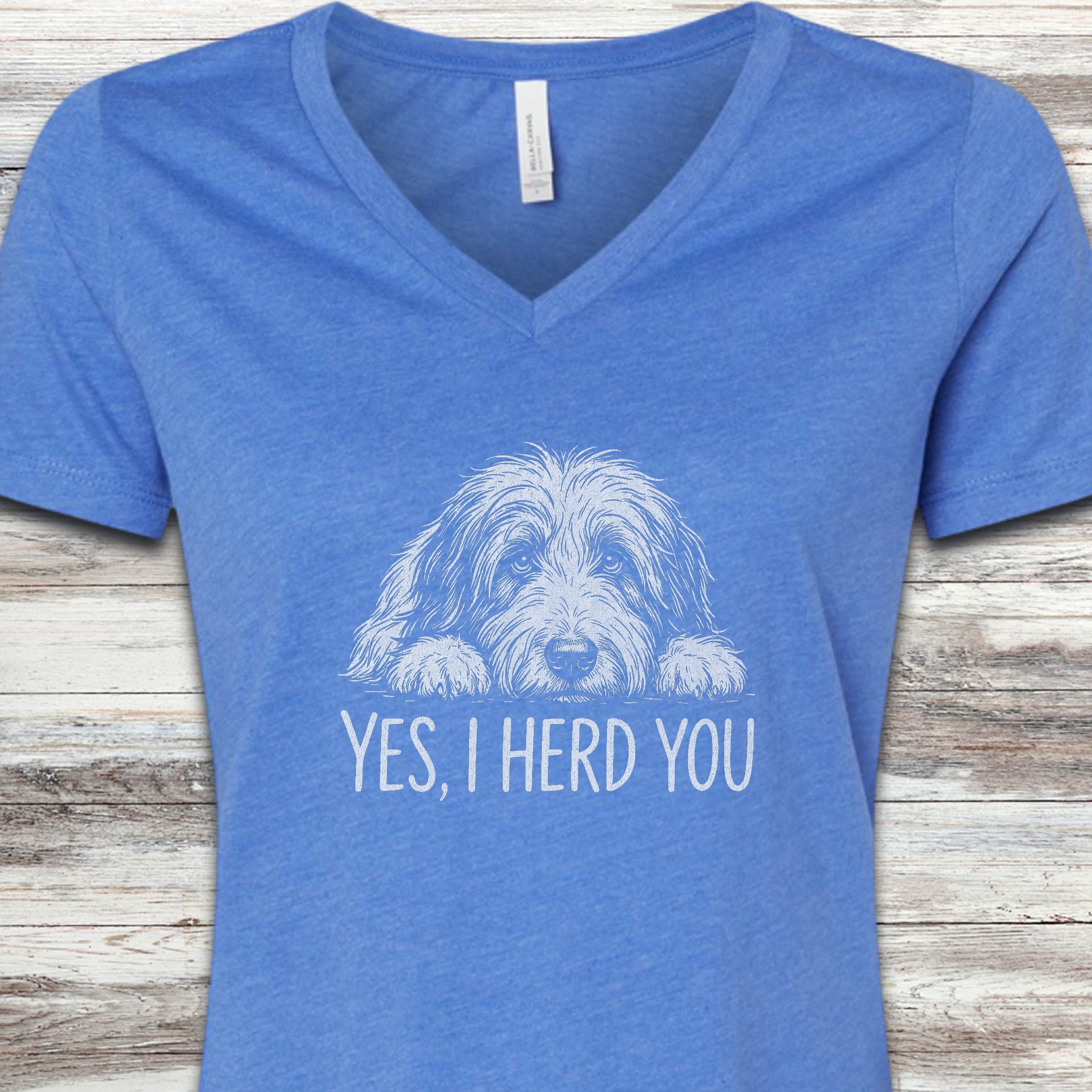 Bearded Collie Herd You V-Neck Tee - Heather True Royal