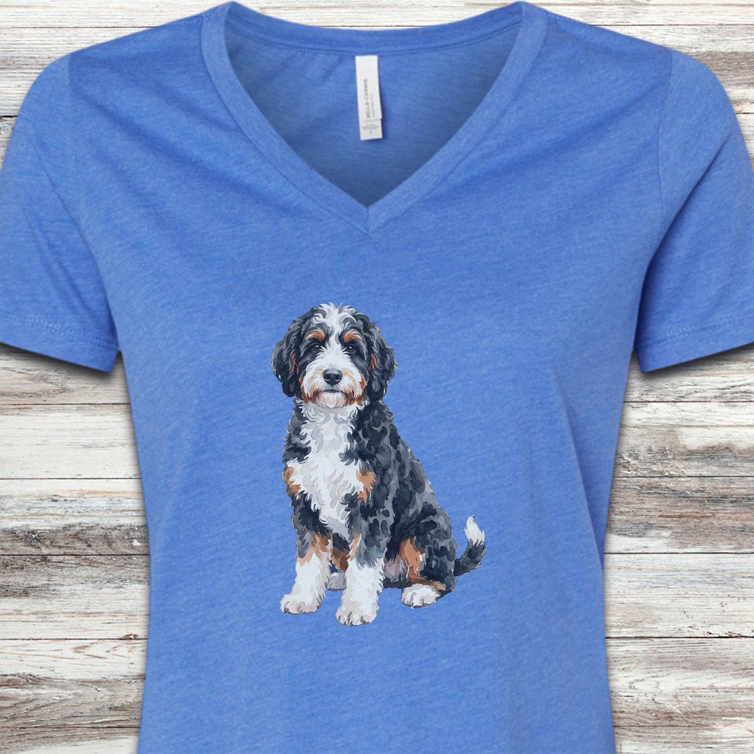 Bernedoodle Watercolor V-Neck Tee - Heather True Royal