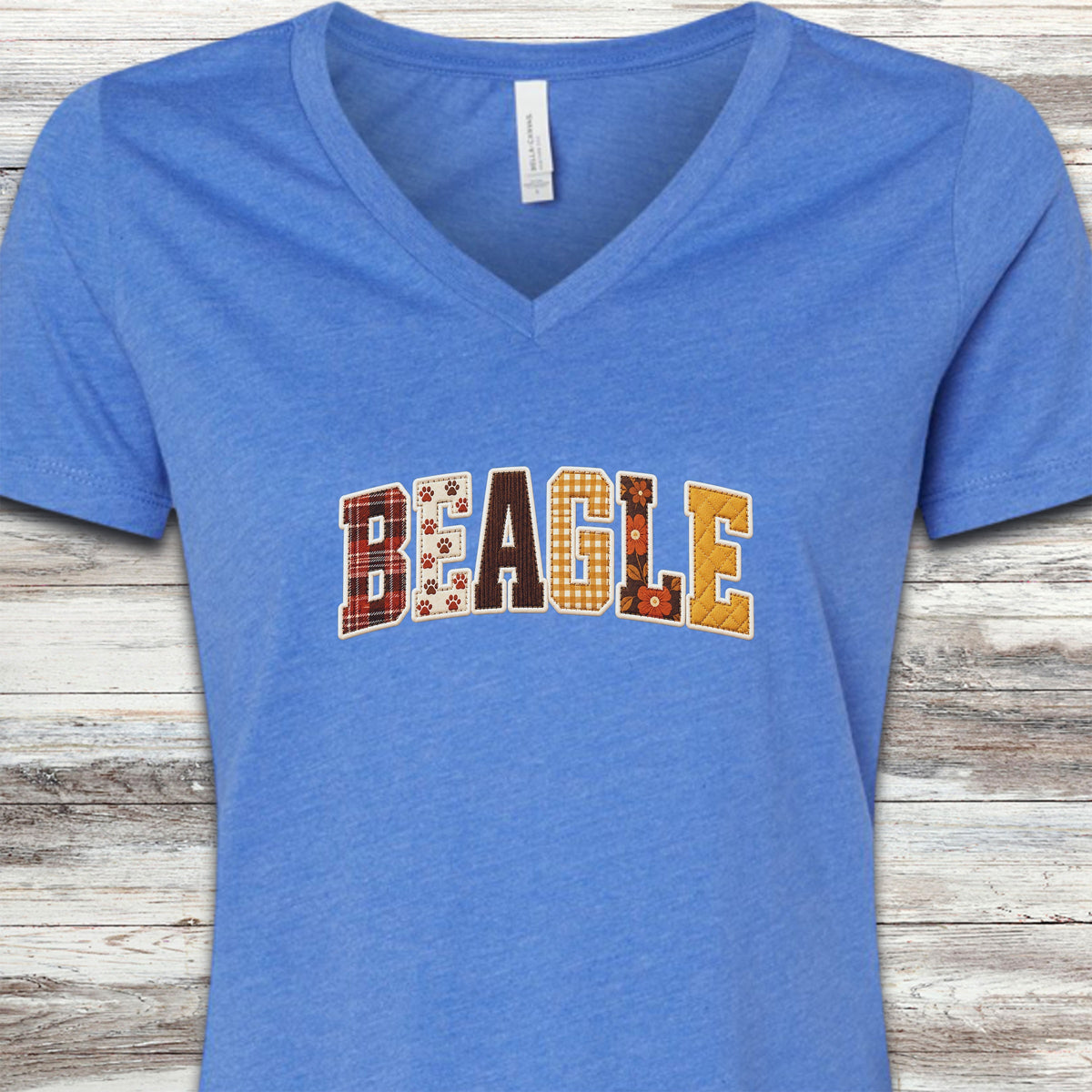Beagle Fall Faux Patchwork V-Neck Tee - Heather True Royal
