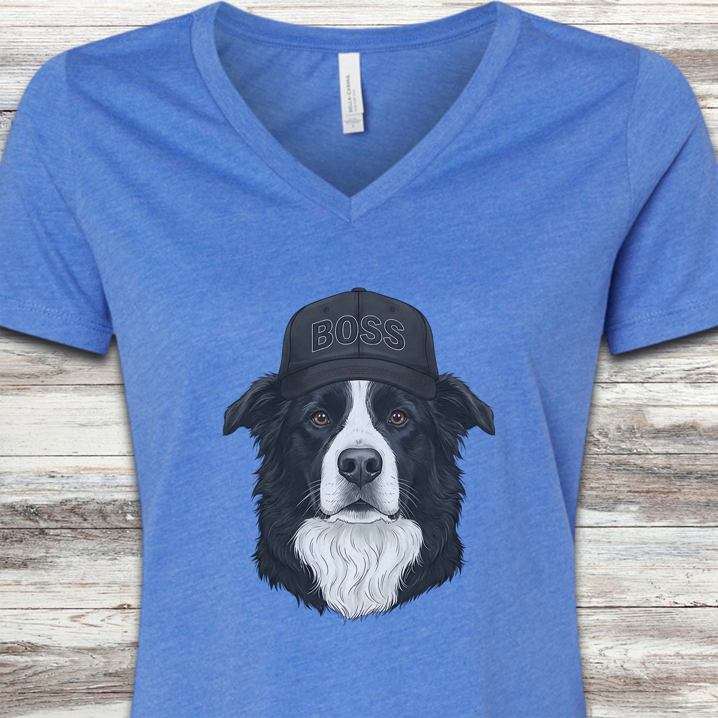 Border Collie Boss Hat V-Neck Tee - Heather True Royal