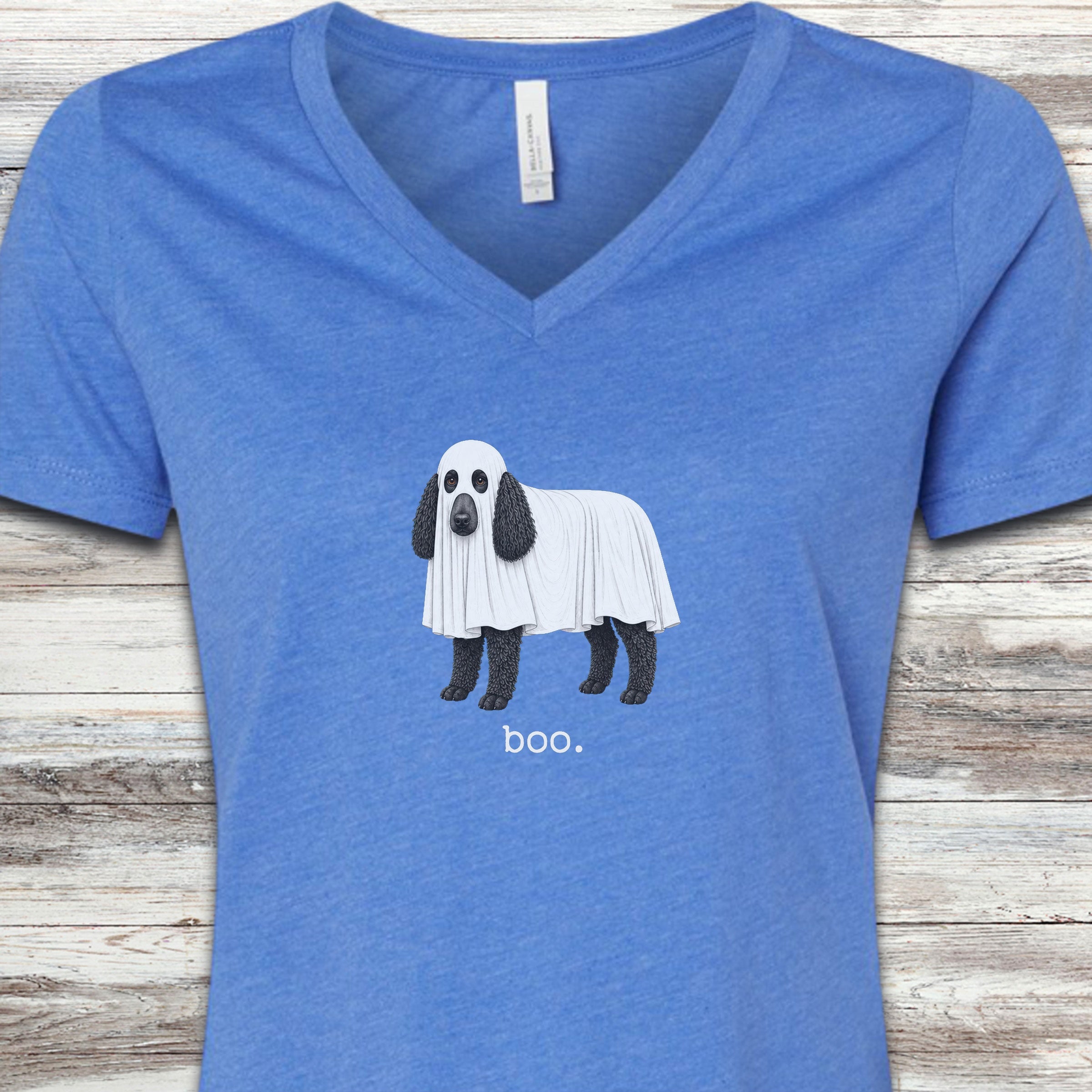 Poodle Black Boo V-Neck Tee - Heather True Royal