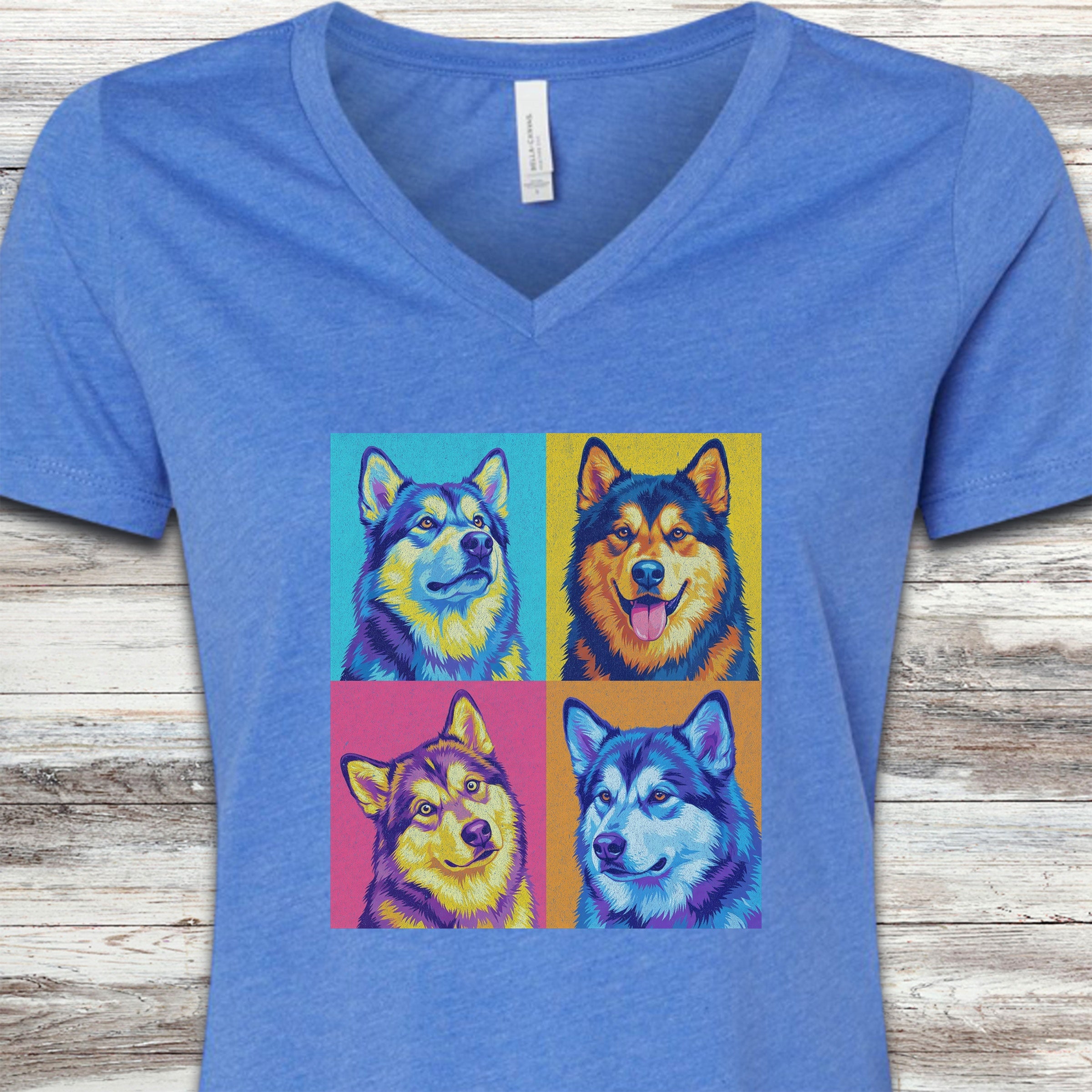 Pop Art Malamute V-Neck Tee - Heather True Royal