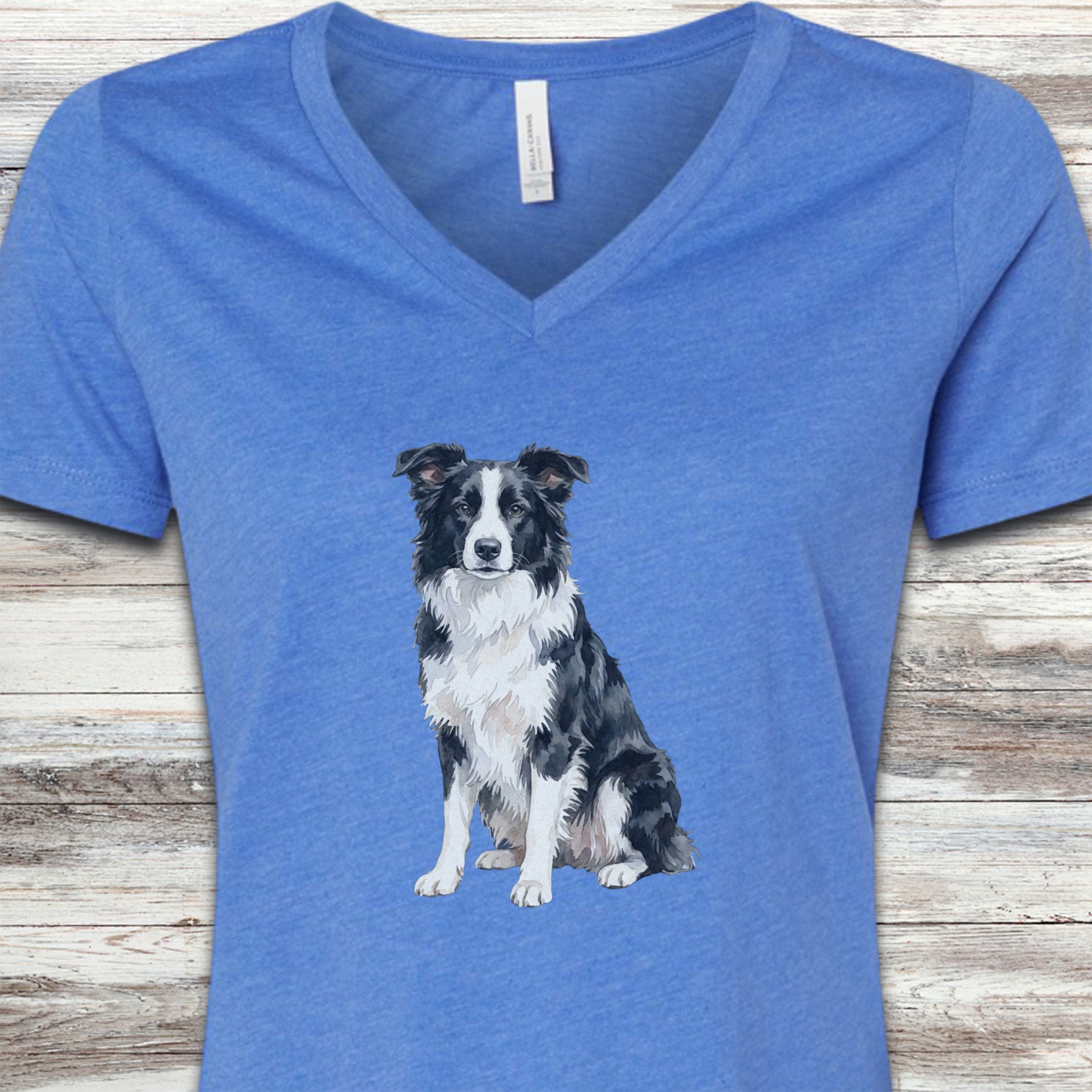Border Collie Watercolor V-Neck Tee - Heather True Royal